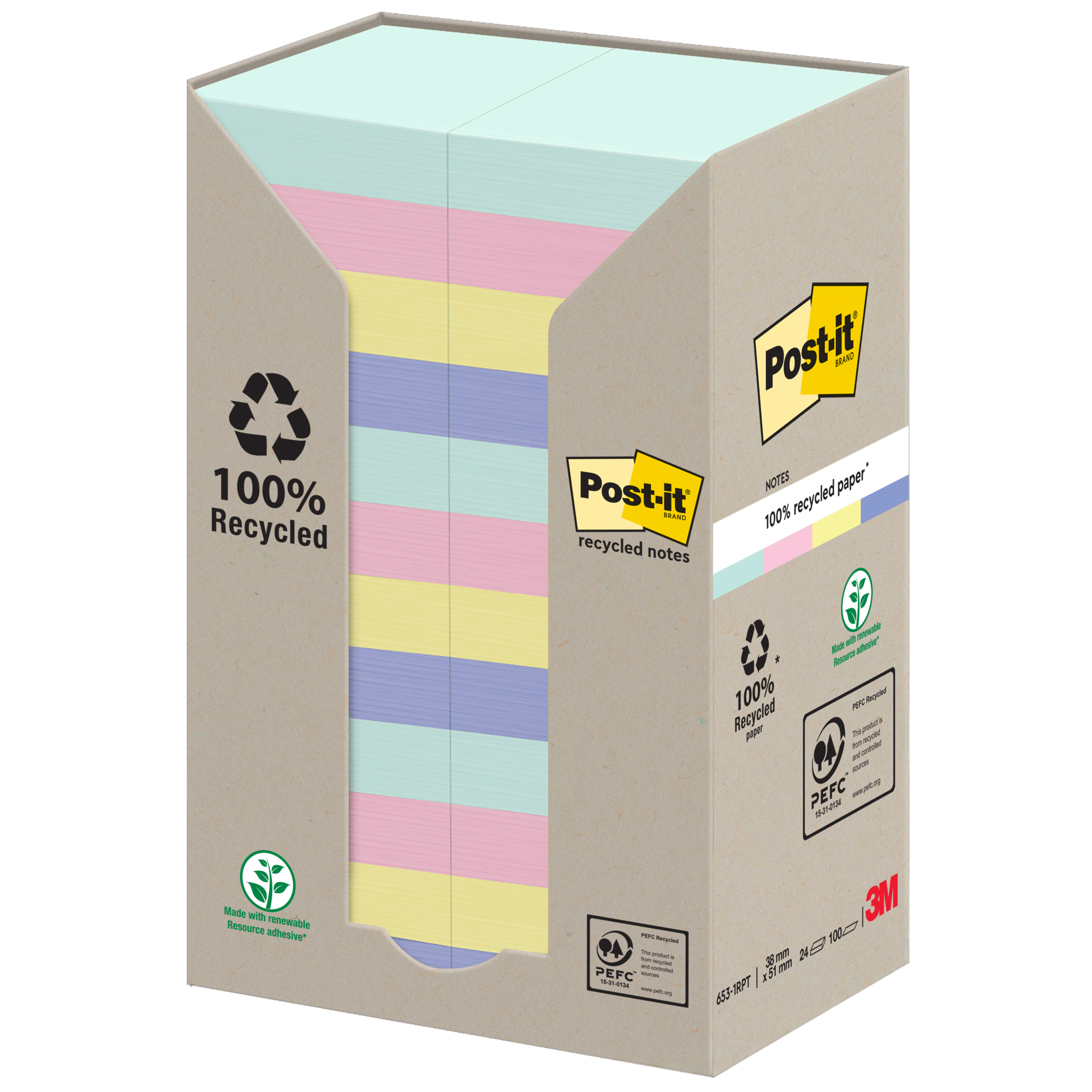 Post-it® Haftnotiz Recycling Notes Tower Pastell Rainbow 38 x 51 mm (B x H) je 6 x mint, flamingopink, hellblau, gelb 100 Bl./Block 24 Block/Pack.