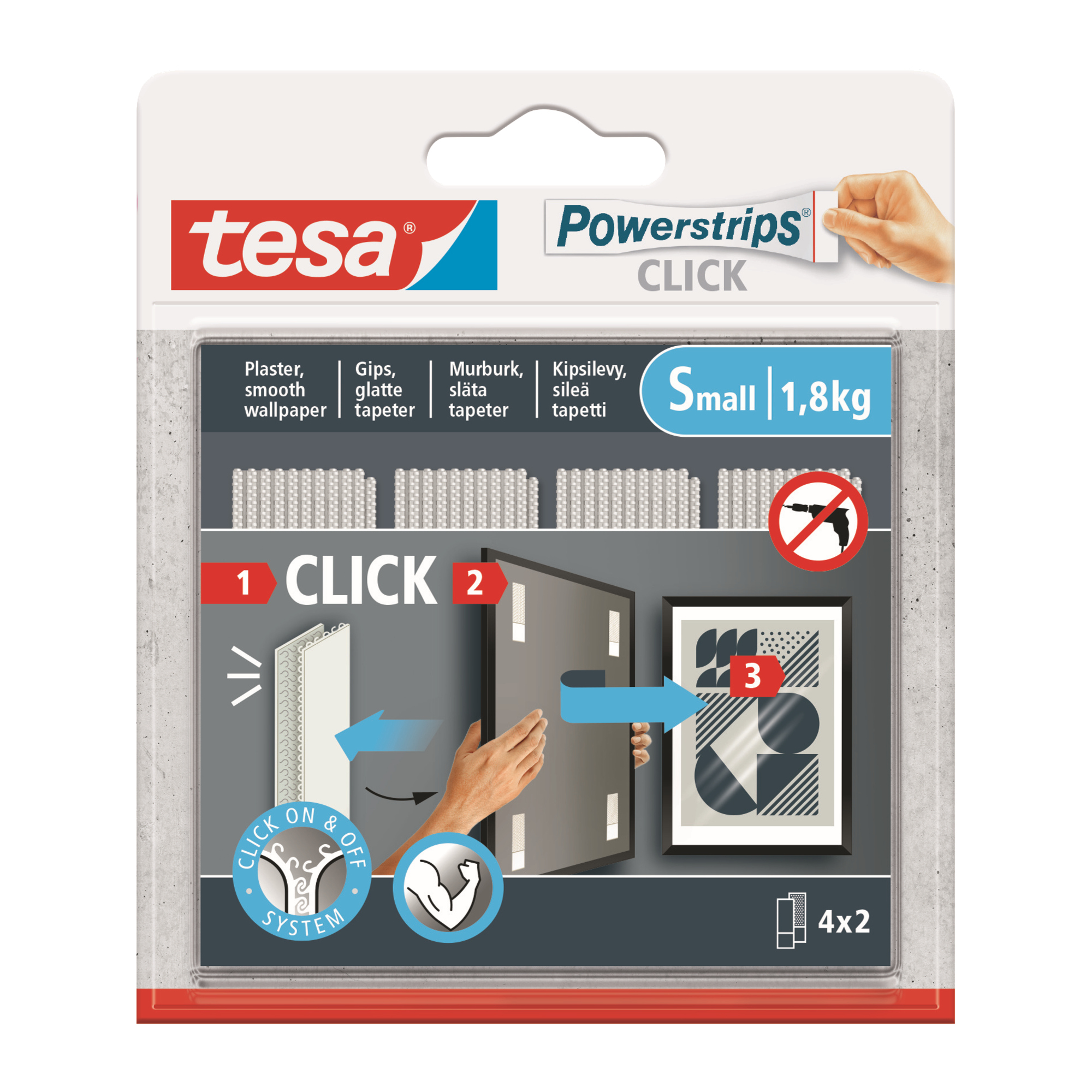 tesa® Klebepad Powerstrips® Click Small Wanddekoration Innenbereich 2 x 6 cm (B x L) weiß 4 x 2 St./Pack.