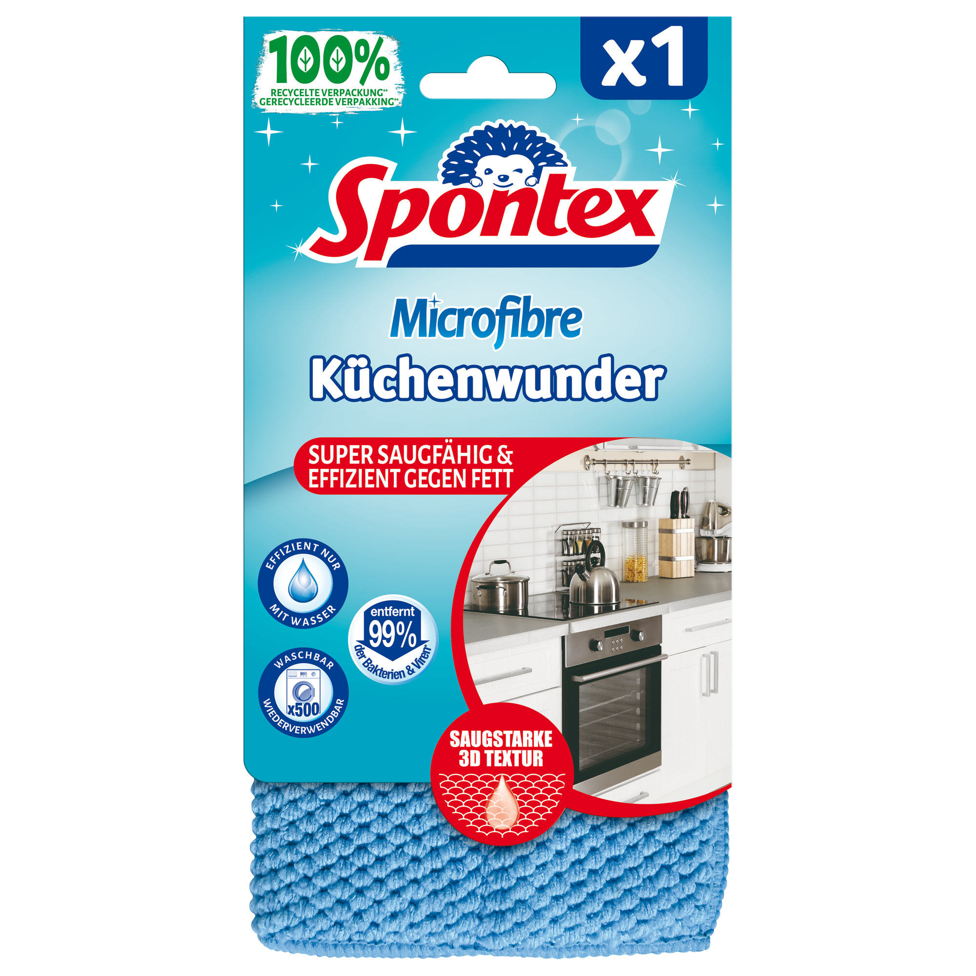 Spontex Microfasertücher Küchenwunder 11,5 x 21,5 cm (B x L) 85 % Polyester, 15 % Polyamide blau