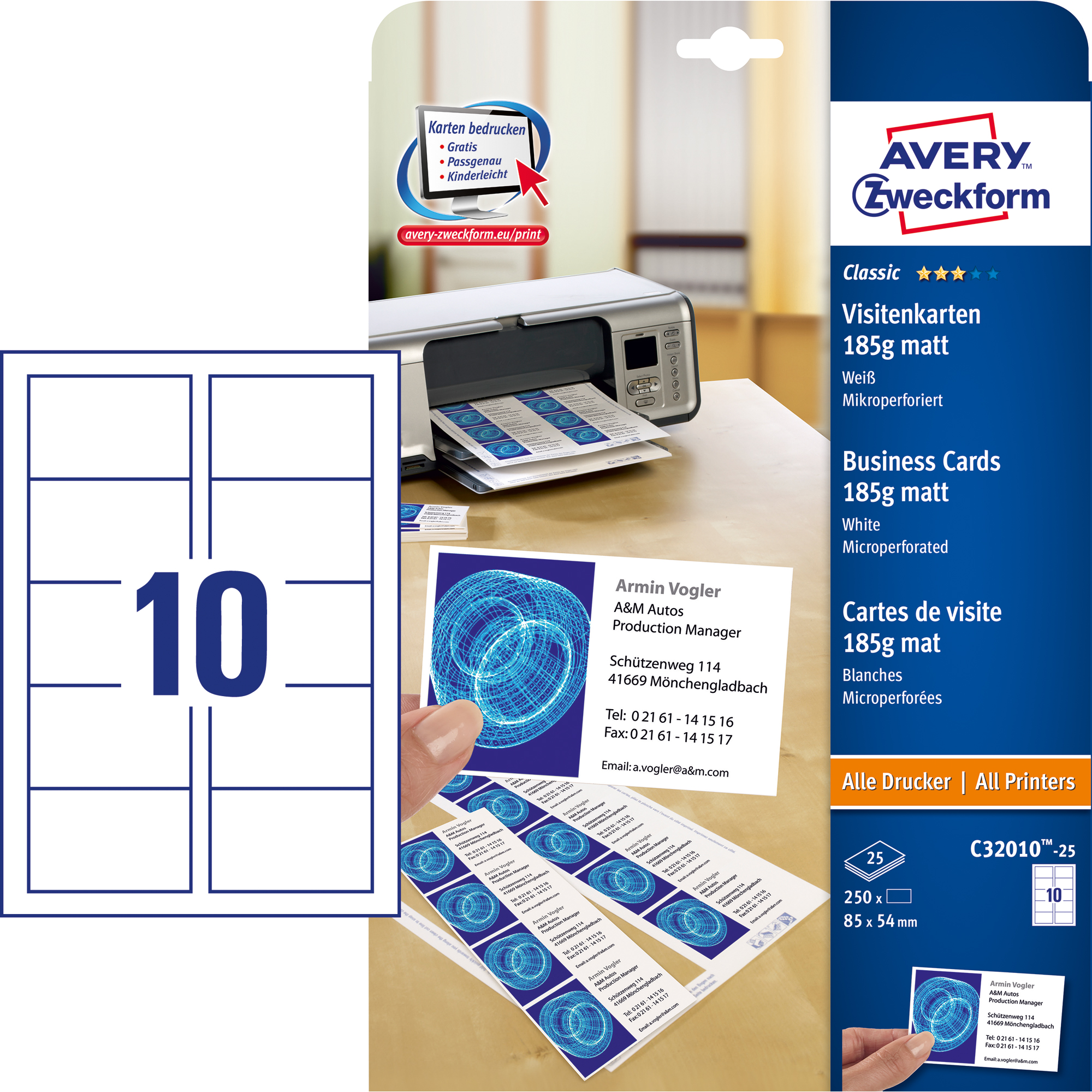 Avery Zweckform Visitenkarte Classic DIN A4 185g/m² weiß 25 Bl./Pack. 250 St./Pack.