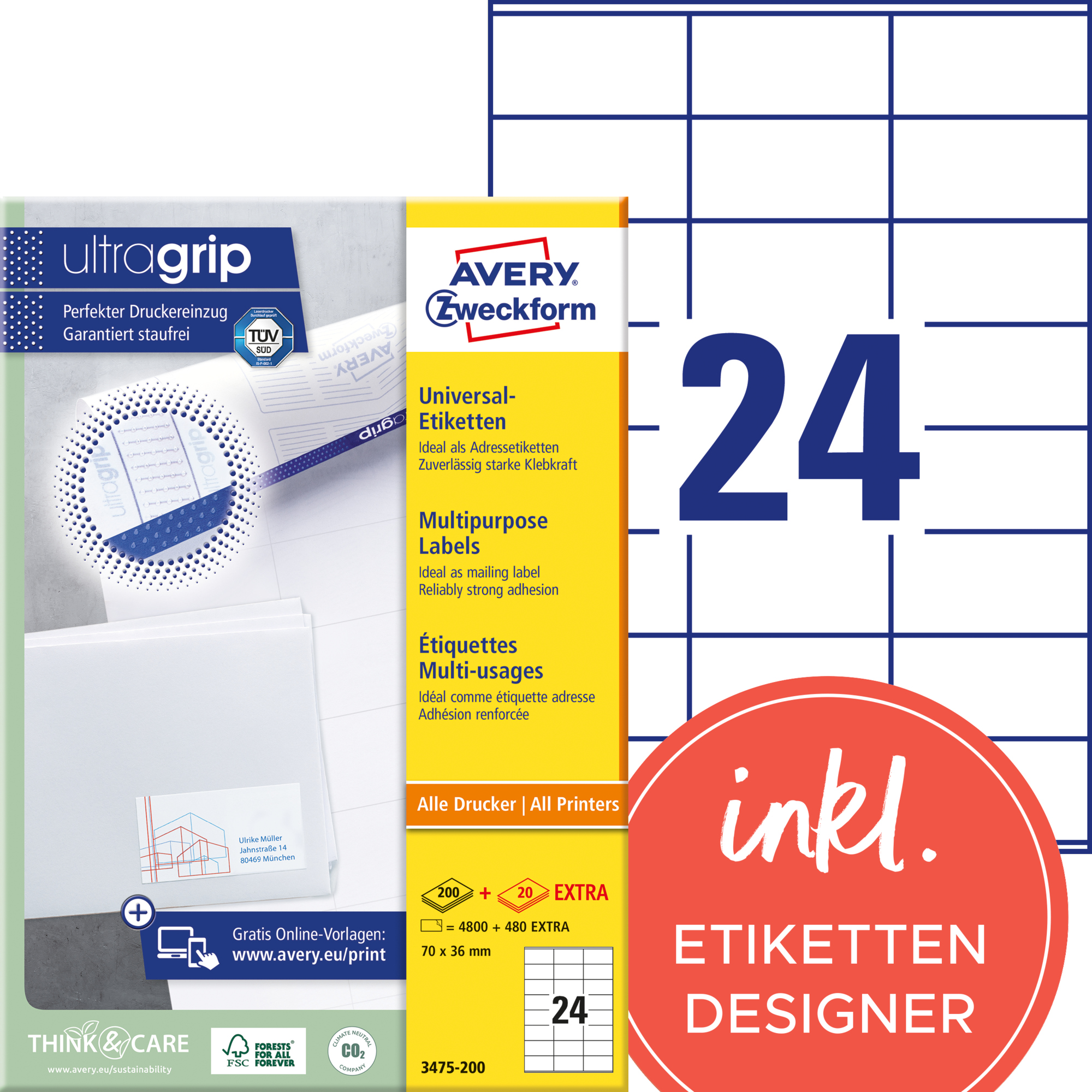 Avery Zweckform Universaletikett ultragrip 70 x 36 mm (B x H) nicht wieder ablösbar Papier weiß 5.280 Etik./Pack.