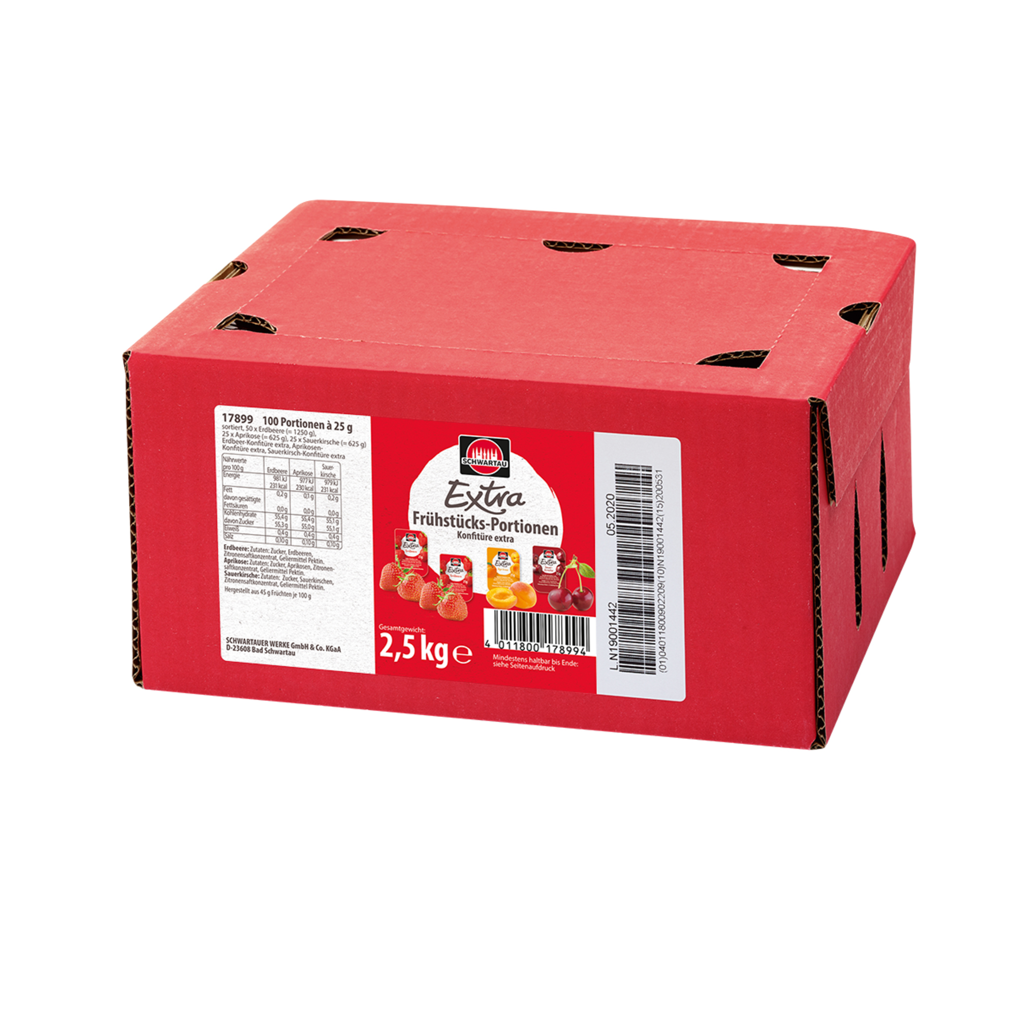 Schwartau Brotaufstrich Extra Konfitüre 50 x Erdbeere, 25 x Aprikose, 25 x Sauerkirsche Portionsschale 100 x 25 g/Pack.
