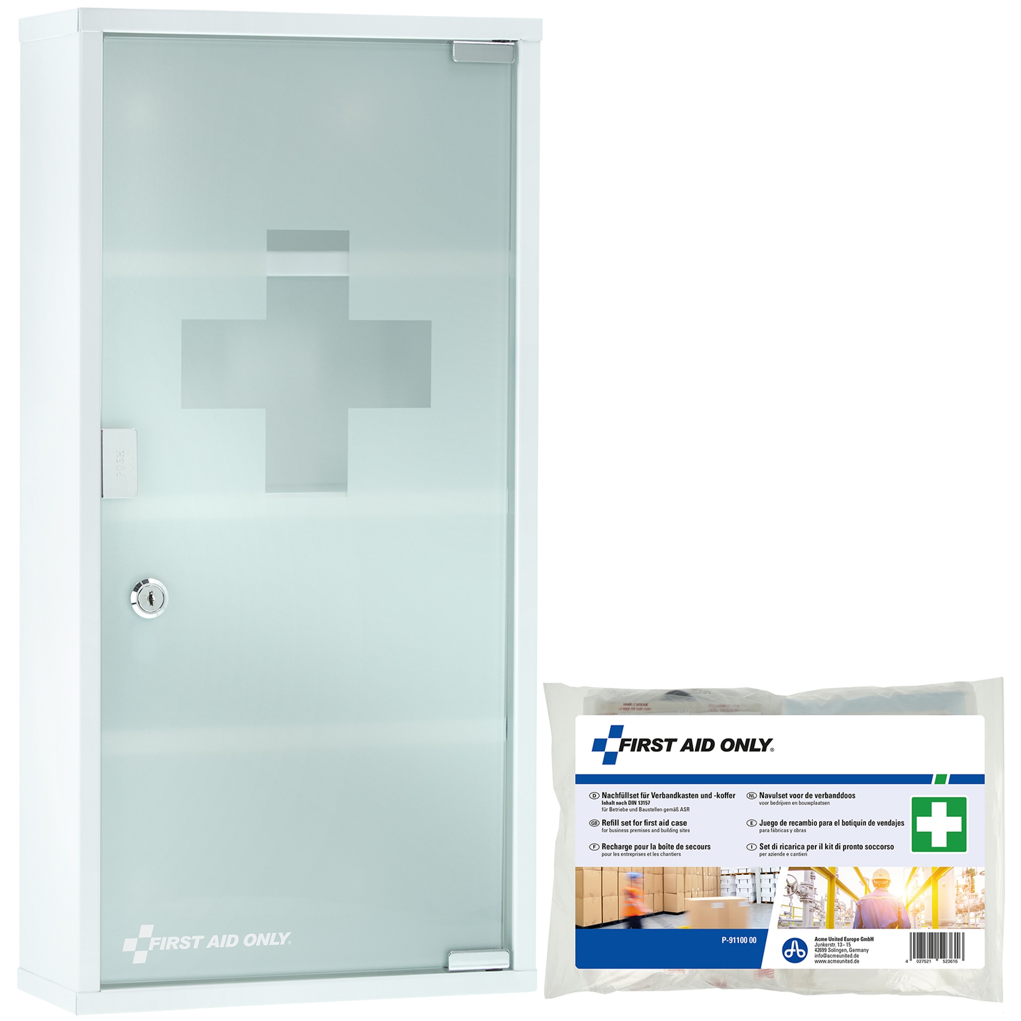 FIRST AID ONLY Verbandschrank gefüllt DIN 13157 Metall, lackiert weiß