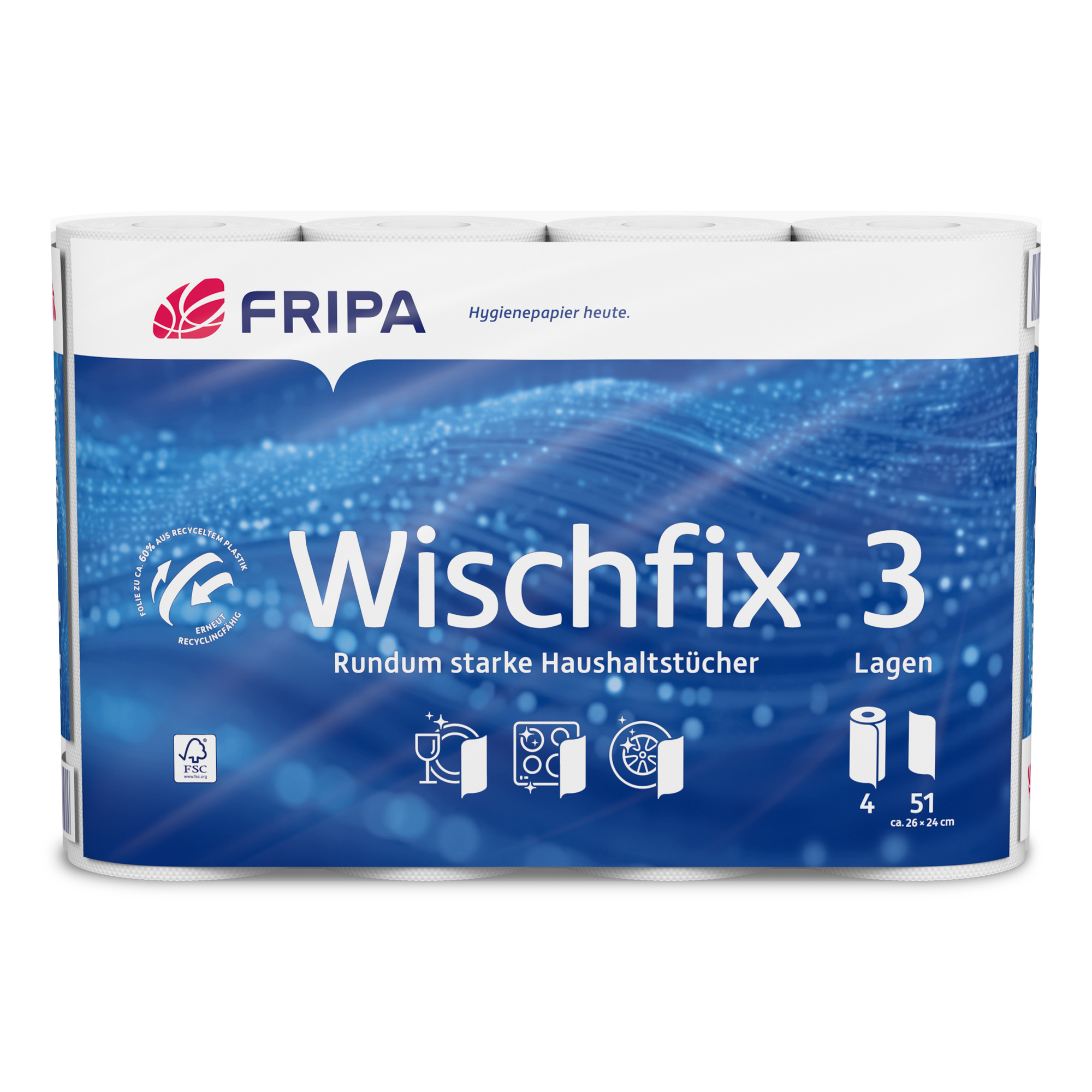 Fripa Küchenrolle Wischfix 3-lagig 100 % Frischzellstoff hochweiß 4 Rl./Pack.