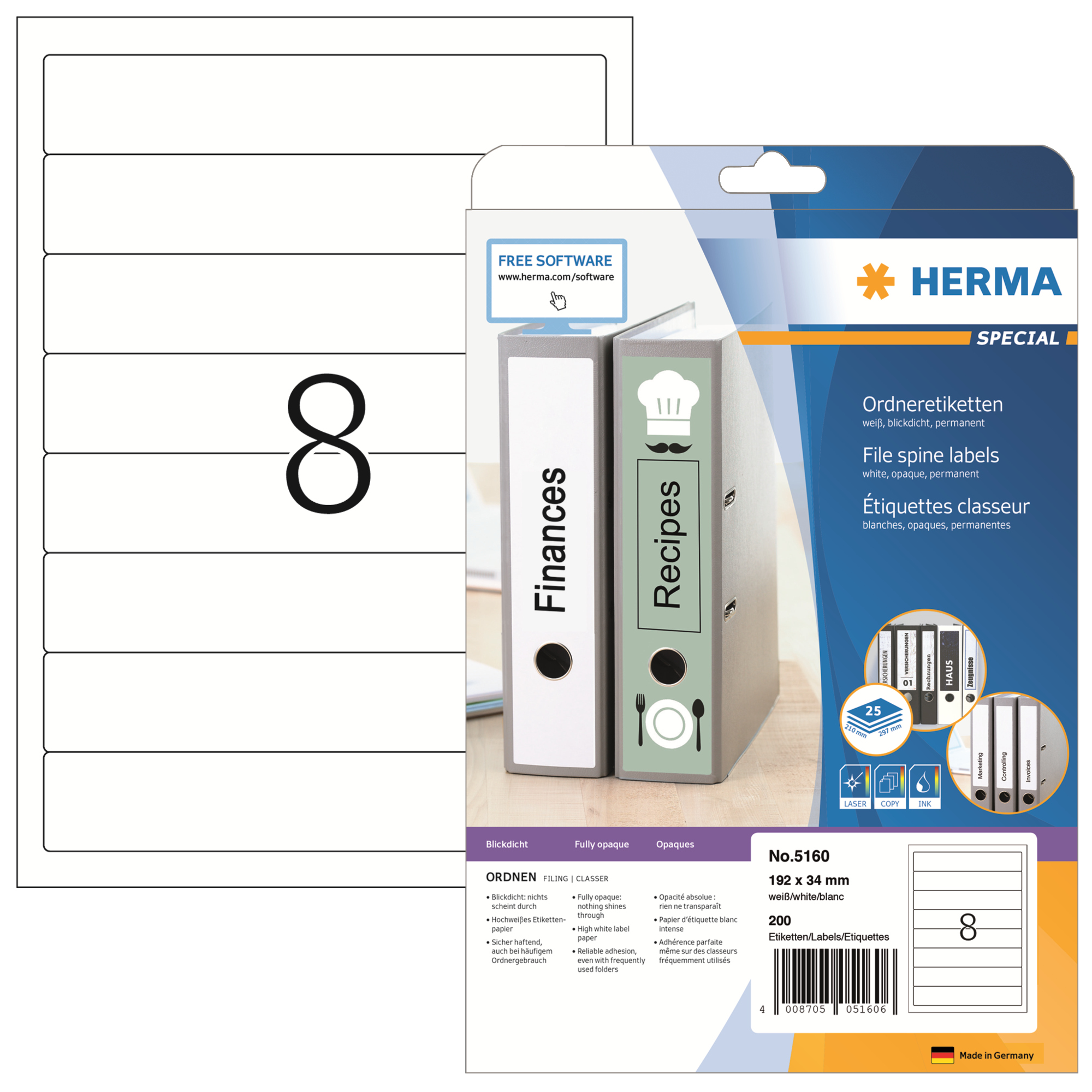 HERMA Ordnerrückenetikett schmal/kurz 34 x 192 mm (B x H) selbstklebend ohne Griffloch weiß 200 Etik./Pack.