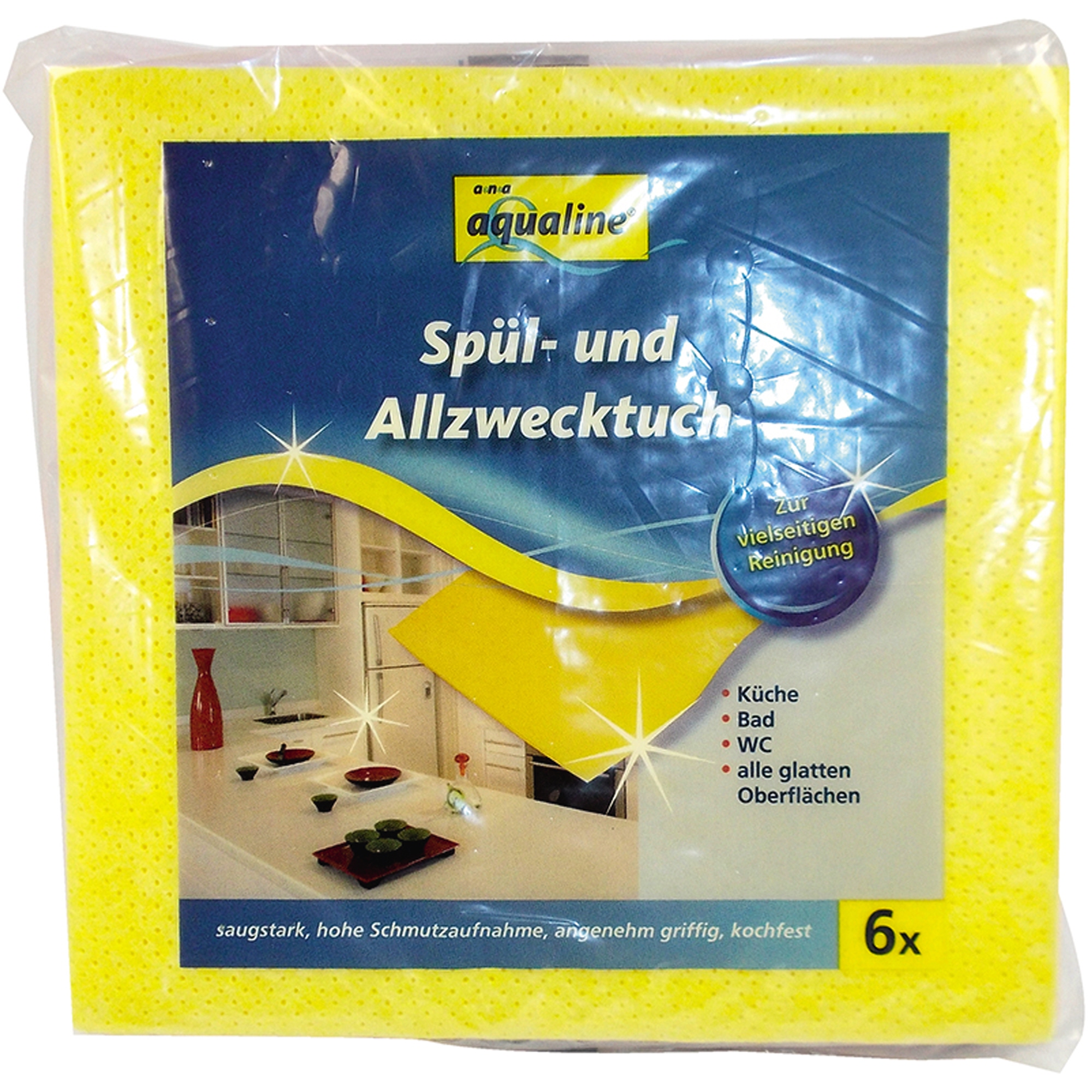 aQualine Putztücher 38 x 38 cm (B x L) 82 % Viskose, 18 % Polypropylen 2 x blau, 2 x gelb, 2 x rosa 6 St./Pack.