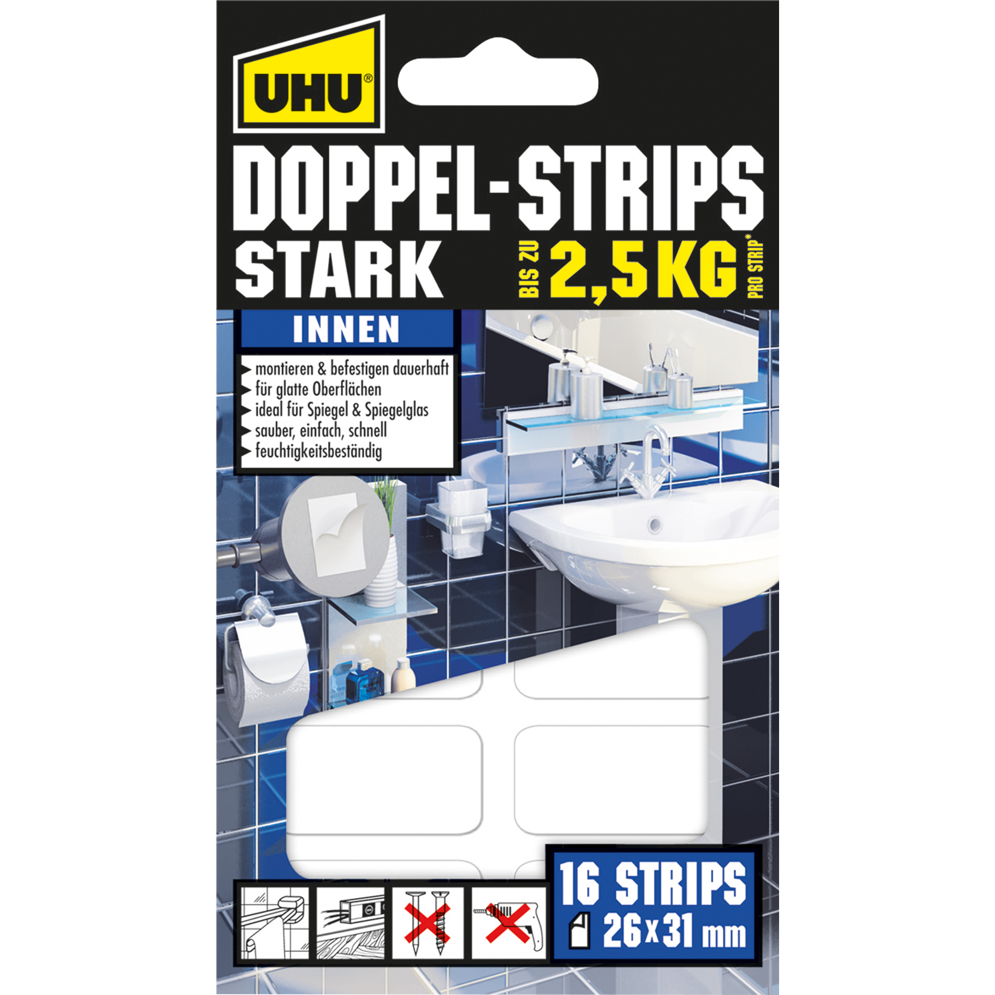 UHU® Klebepad Stark Metall, Fliesen, Kacheln, Kunststoffe, Glas, lackiertes Holz Innenbereich 31 x 26 mm (B x L) weiß 16 St./Pack.
