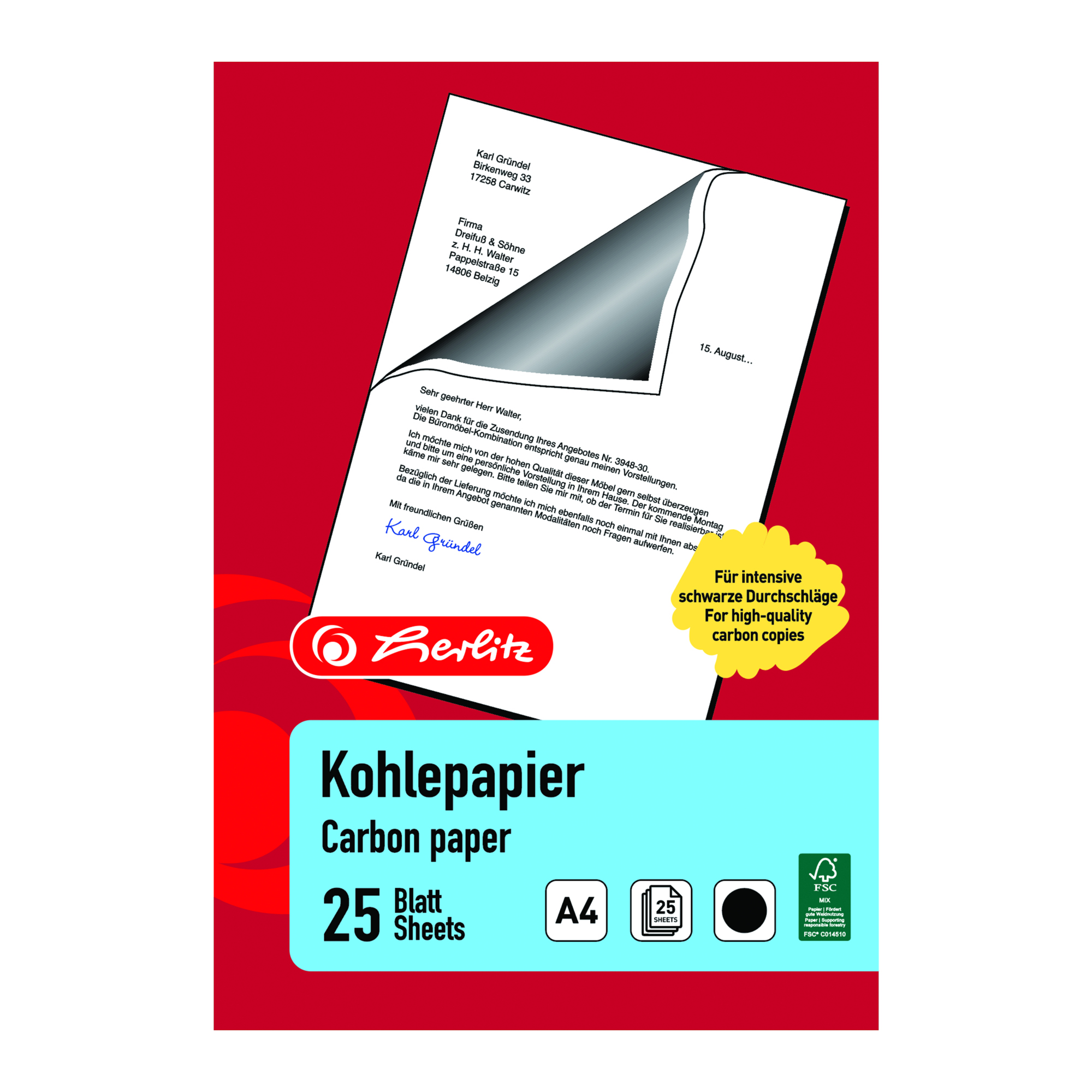 Herlitz Kohlepapier DIN A4 schwarz 25 Bl./Pack.