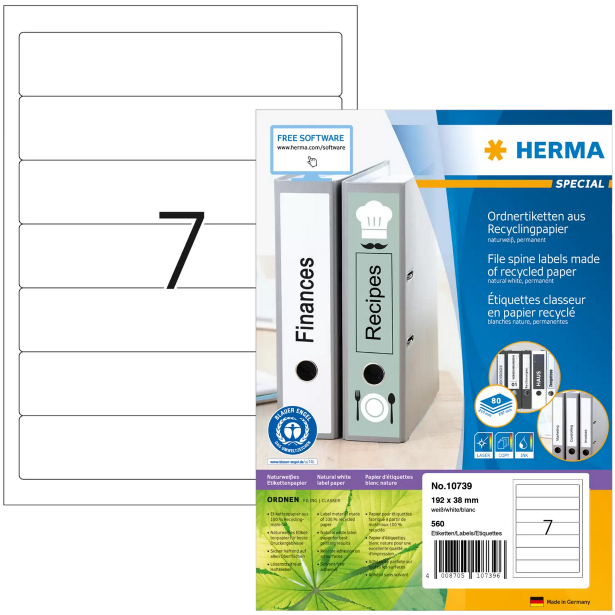 HERMA Ordnerrückenetikett Recycling schmal/kurz 38 x 192 mm (B x H) selbstklebend ohne Griffloch naturweiß 560 Etik./Pack.