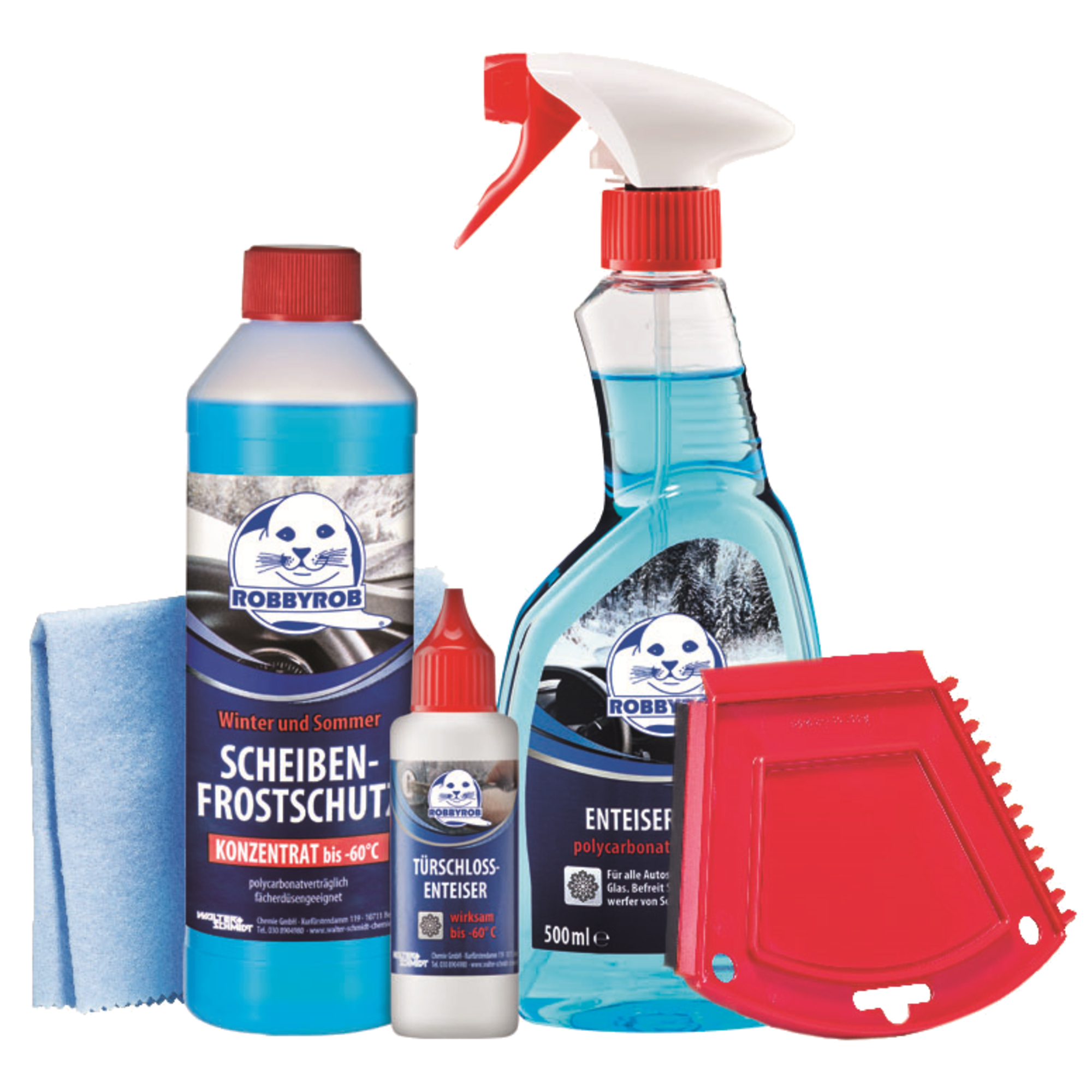 Robbyrob KFZ-Winterset Scheibenfrostschutz bis -60 °C 500 ml, Scheibenenteiserspray 500 ml, Türschloss-Enteiser 50 ml, Klarsichttuch, Eiskratzer
