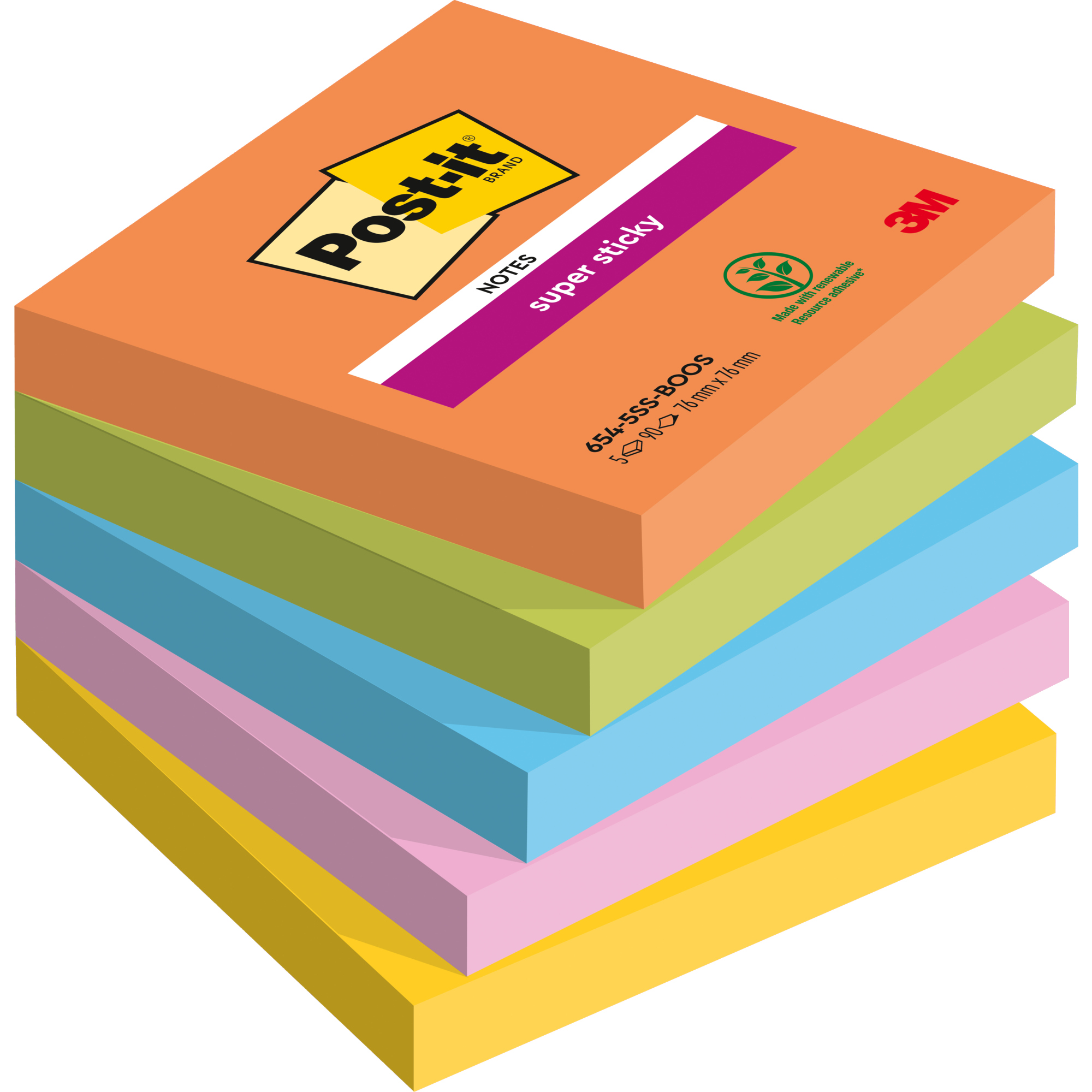 Post-it® Haftnotiz Super Sticky Notes Boost Collection 76 x 76 mm (B x H) vitalorange, limonengrün, paradiseblau, tropicalpink, ultragelb 90 Bl./Block 5 Block/Pack.