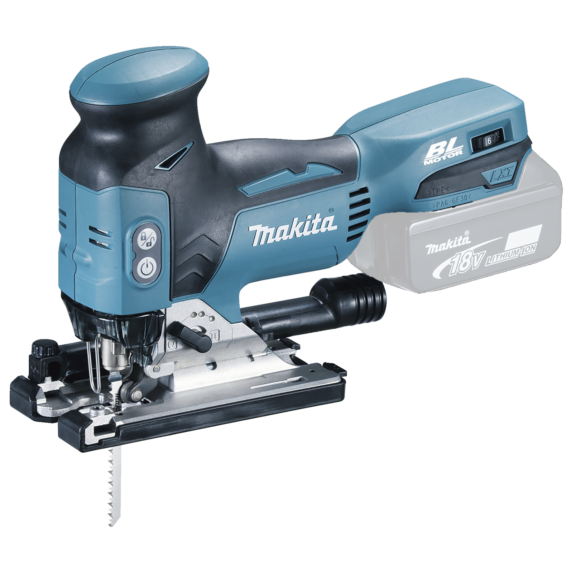 Makita® Säge DJV181Z Akku-Pendelhubstichsäge inkl. Absaugstutzen, Spanreißschutz, Gleitschuh, Sechskantstiftschlüssel (4 mm), jeweils 1 x Stichsägeblatt B-10 Holz/Kunststoff, BR-13 Holz Zubehör erforderlich