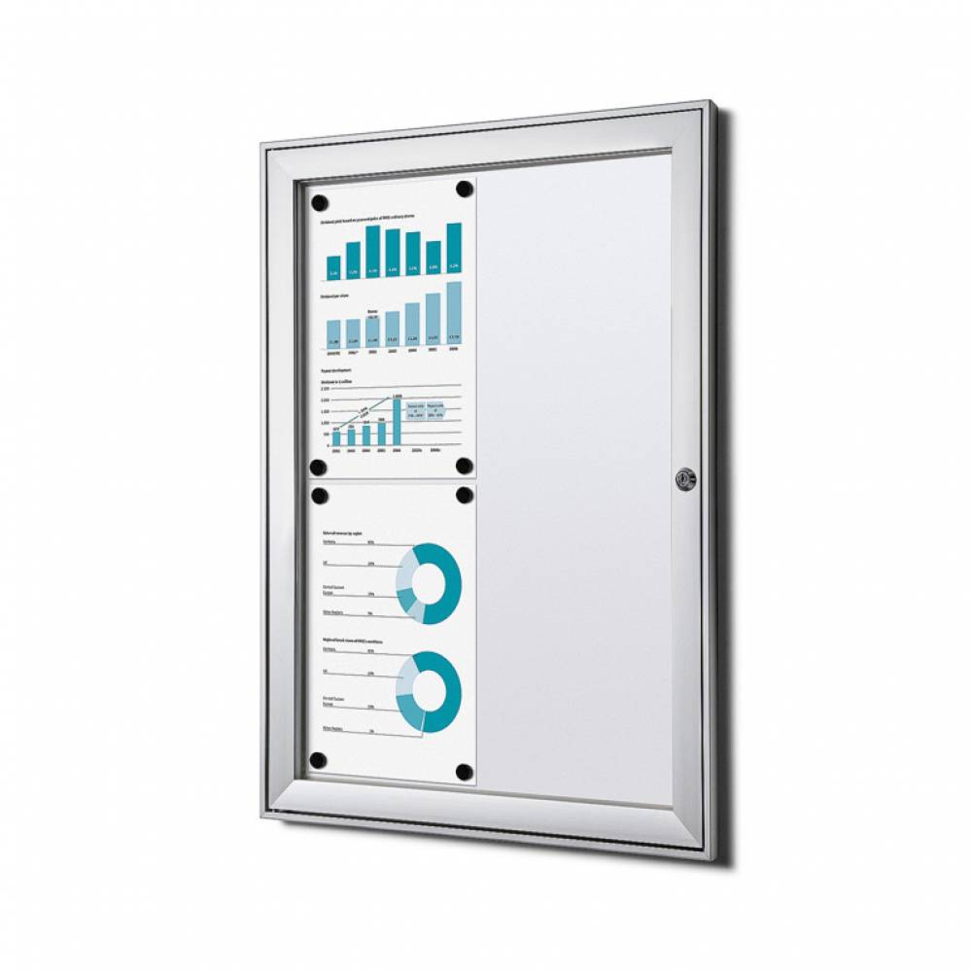 Showdown® Displays Schaukasten Innenbereich, regengeschützter Außenbereich 52,1 x 38,8 x 2,3 cm (B x H x T) 4 x DIN A4 mit Schloss Aluminium silber