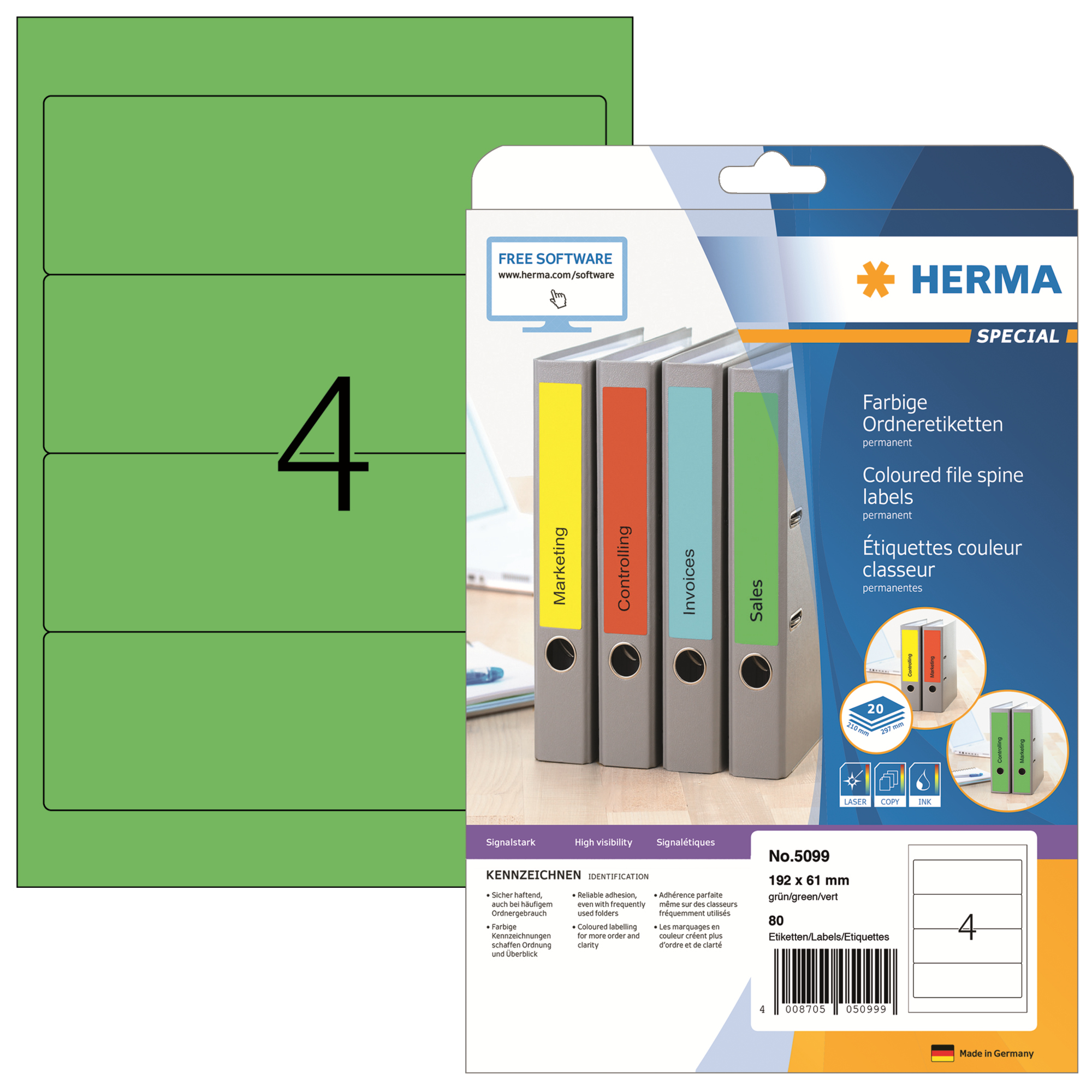 HERMA Ordnerrückenetikett breit/kurz 61 x 192 mm (B x H) selbstklebend ohne Griffloch grün 80 Etik./Pack.