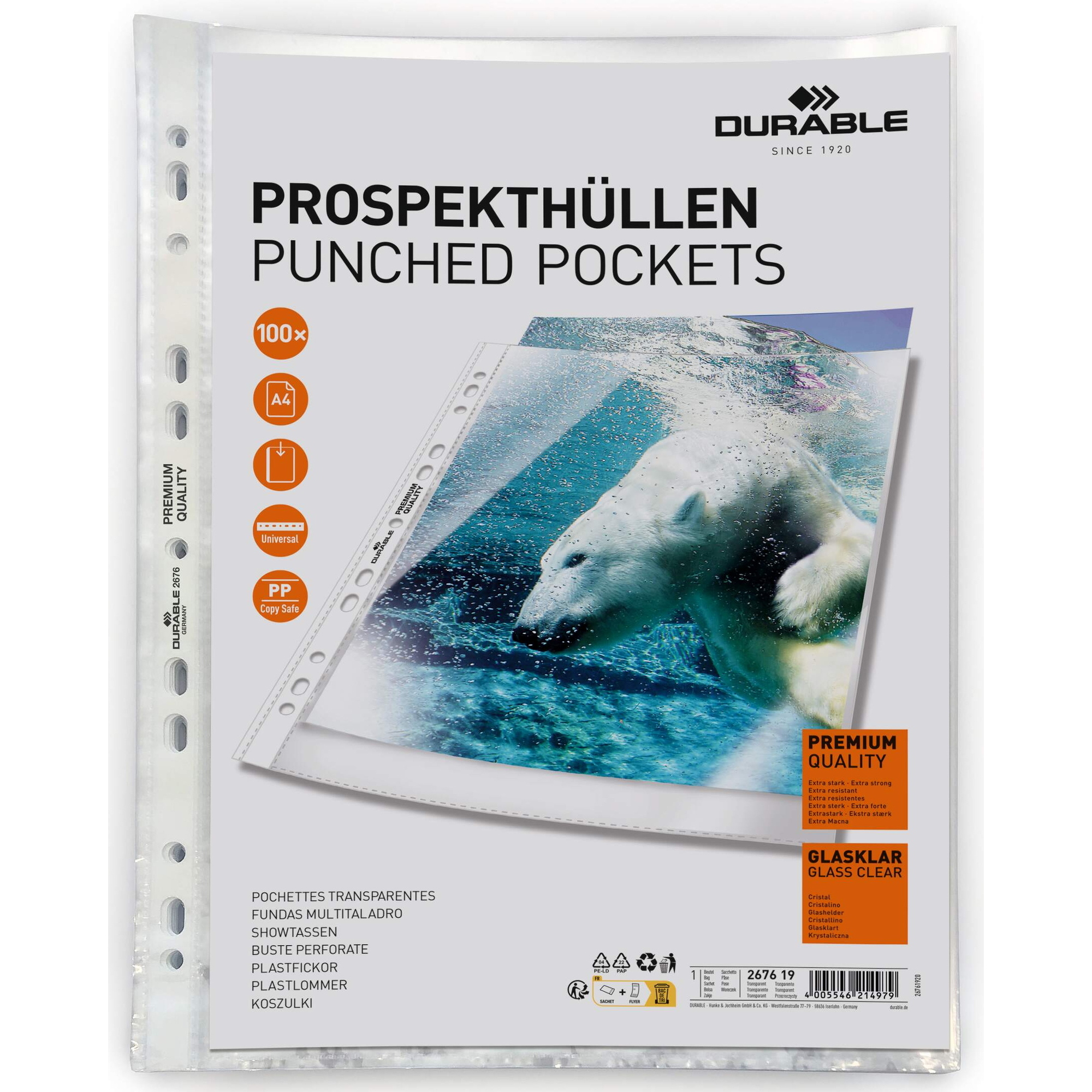 DURABLE Prospekthülle PREMIUM QUALITY DIN A4 80µm oben offen Polypropylen glasklar 100 St./Pack.