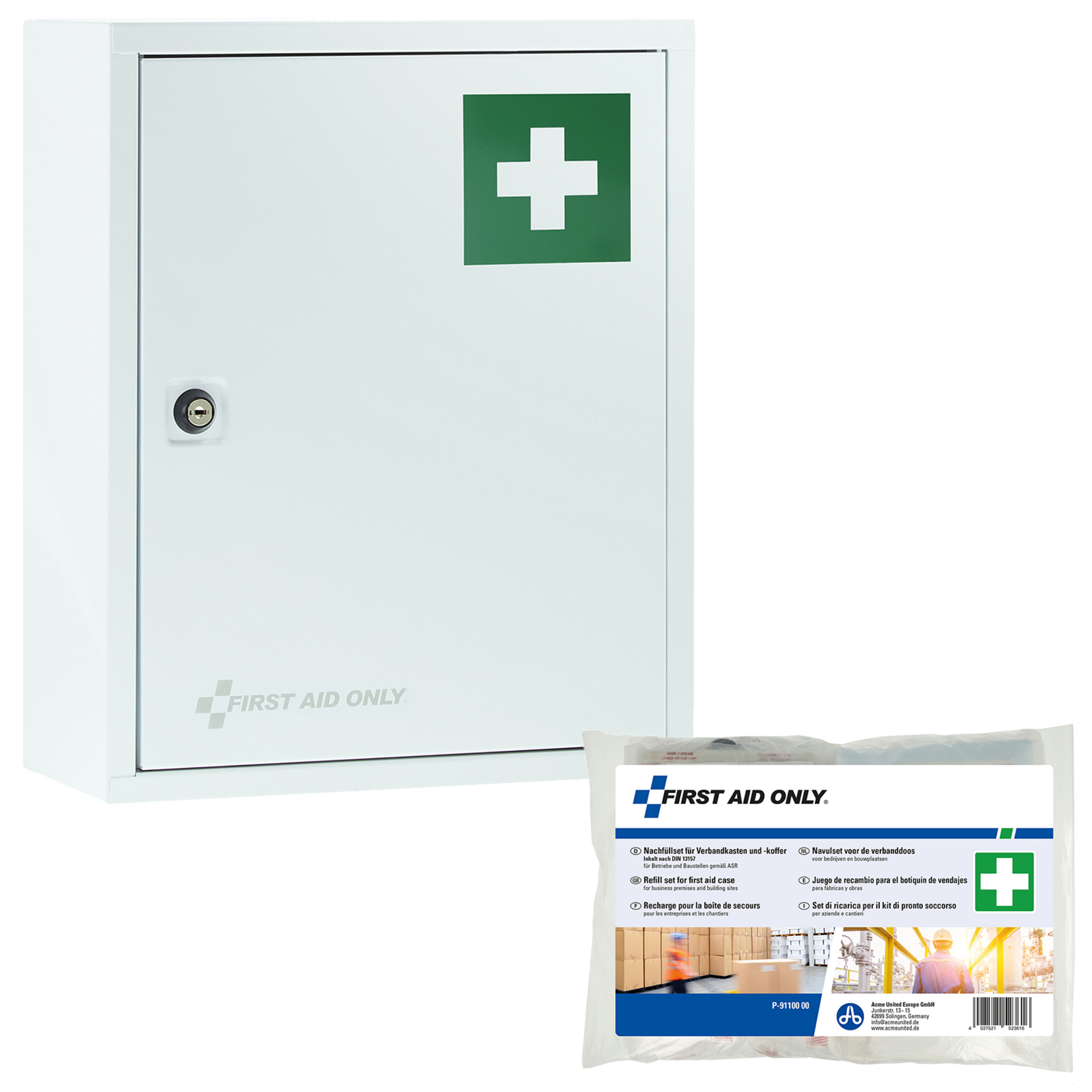 FIRST AID ONLY Verbandschrank gefüllt DIN 13157 Metall, lackiert weiß
