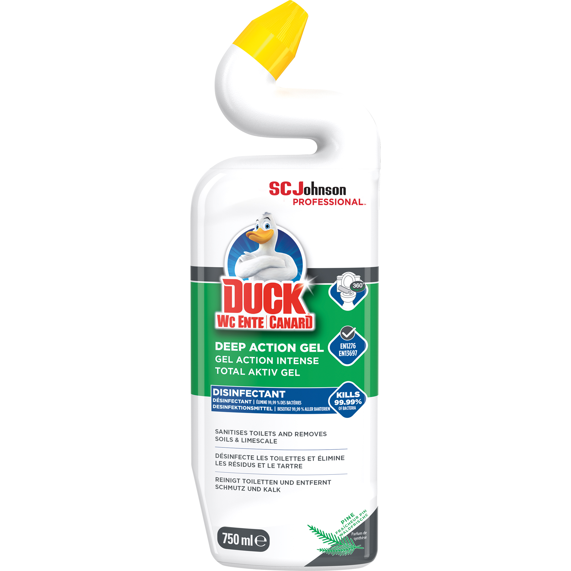WC-Ente WC-Reiniger Total Aktiv Gel Waldfrische nicht biologisch abbaubar pH-Wert: 3,5-4 Schräghalsflasche Kunststoff, 30 % recycelt 0,75l