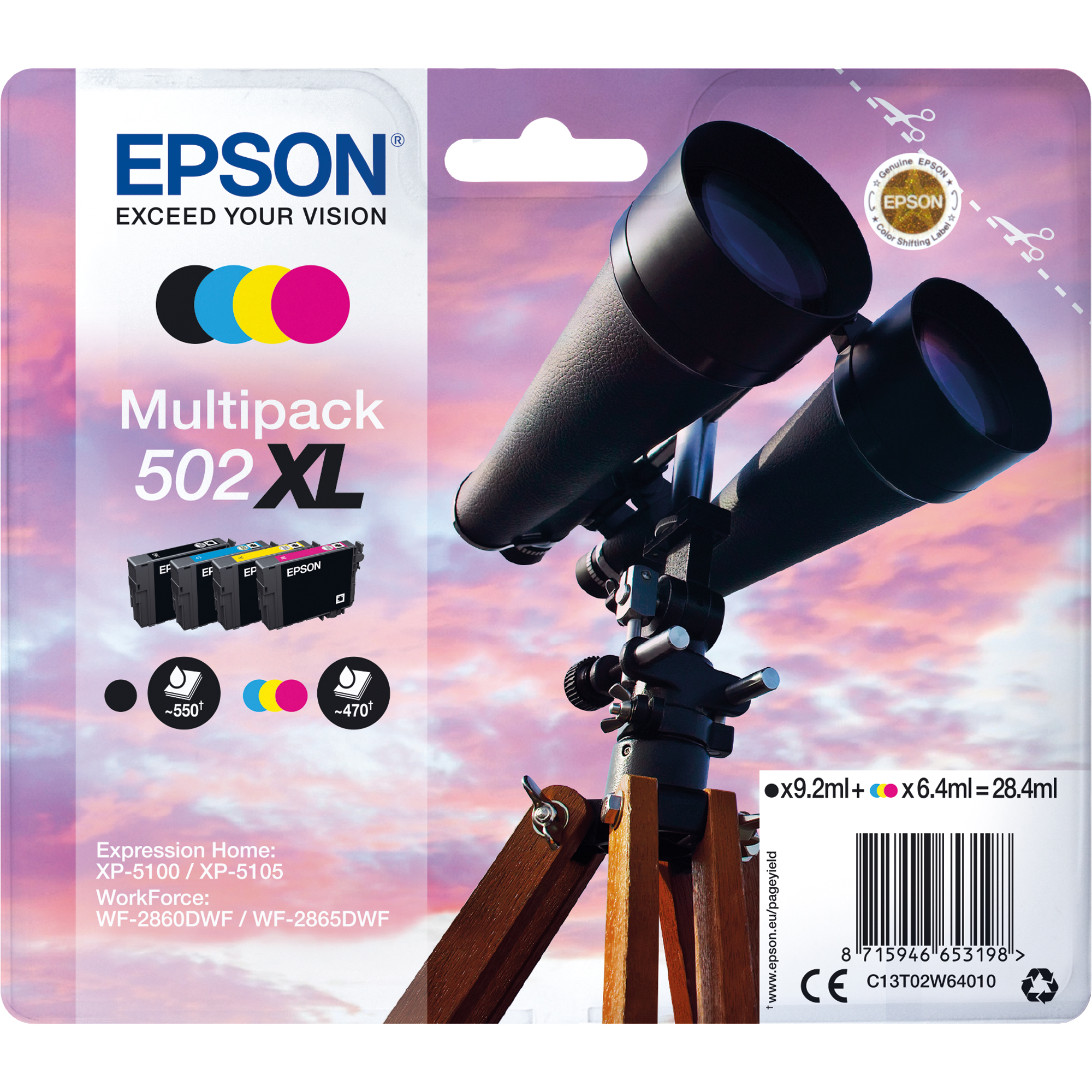 Epson Tintenpatrone Originalzubehör 502XL ca. 550 Seiten schwarz, ca. 3 x 470 Seiten farbig schwarz, mehrfarbig 4 St./Pack.