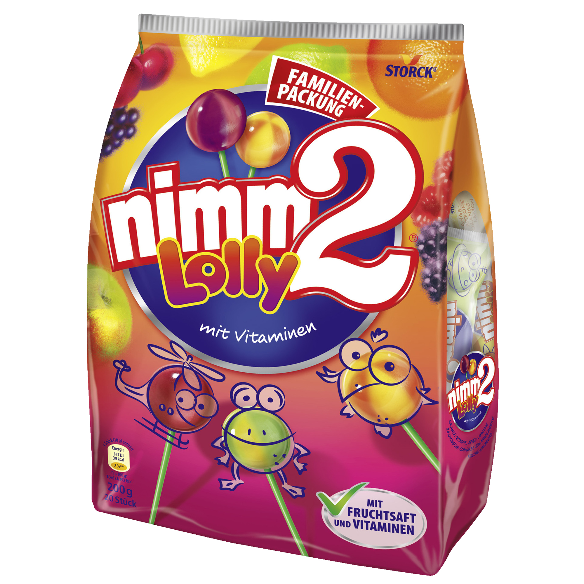nimm2 Lutscher Orange-Zitrone, Apfel-Limette, Brombeere-Schwarze Johannisbeere, Kirsche-Himbeere 20 St./Pack.