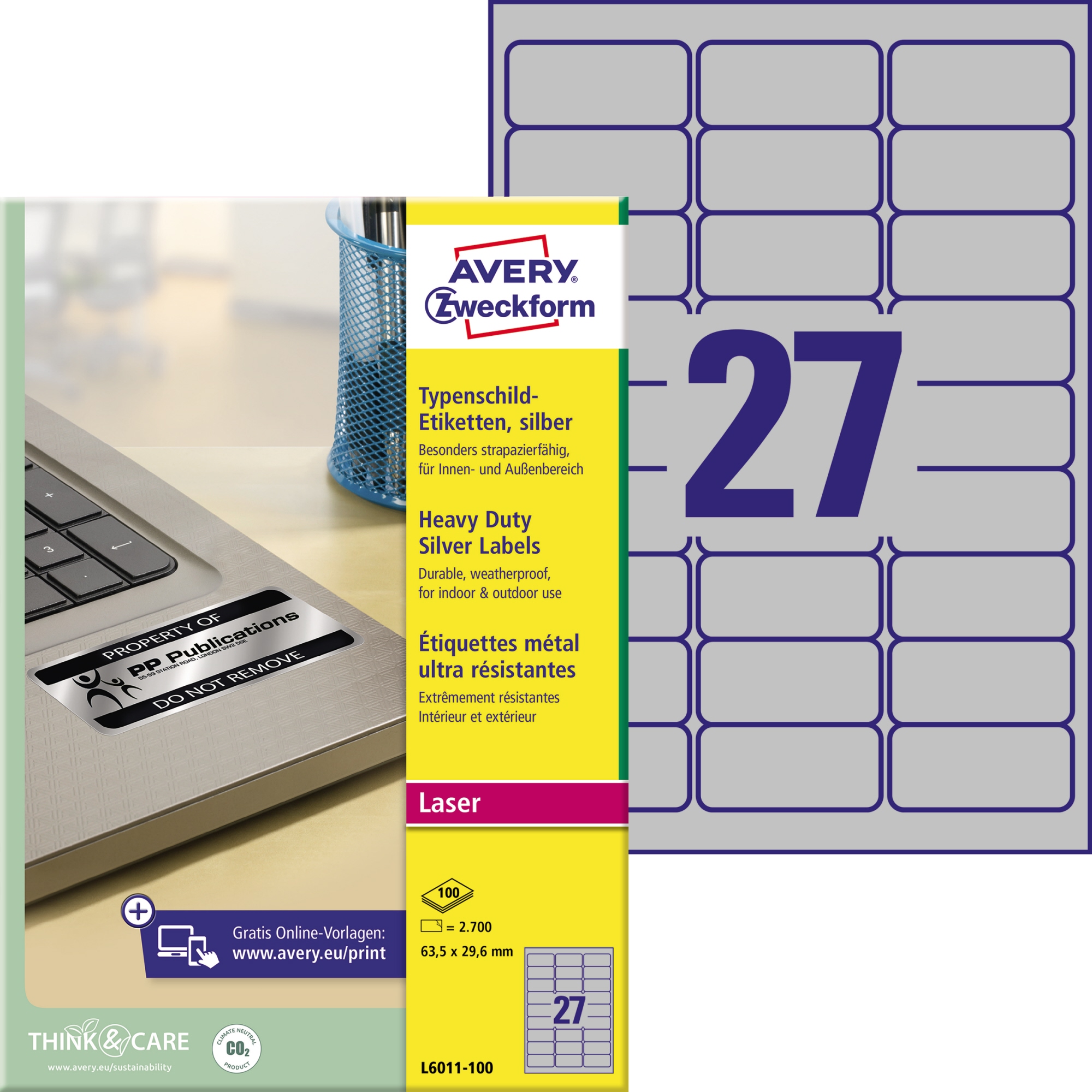 Avery Zweckform Typenschildetikett 63,5 x 29,6 mm (B x H) silber 2.700 Etik./Pack.