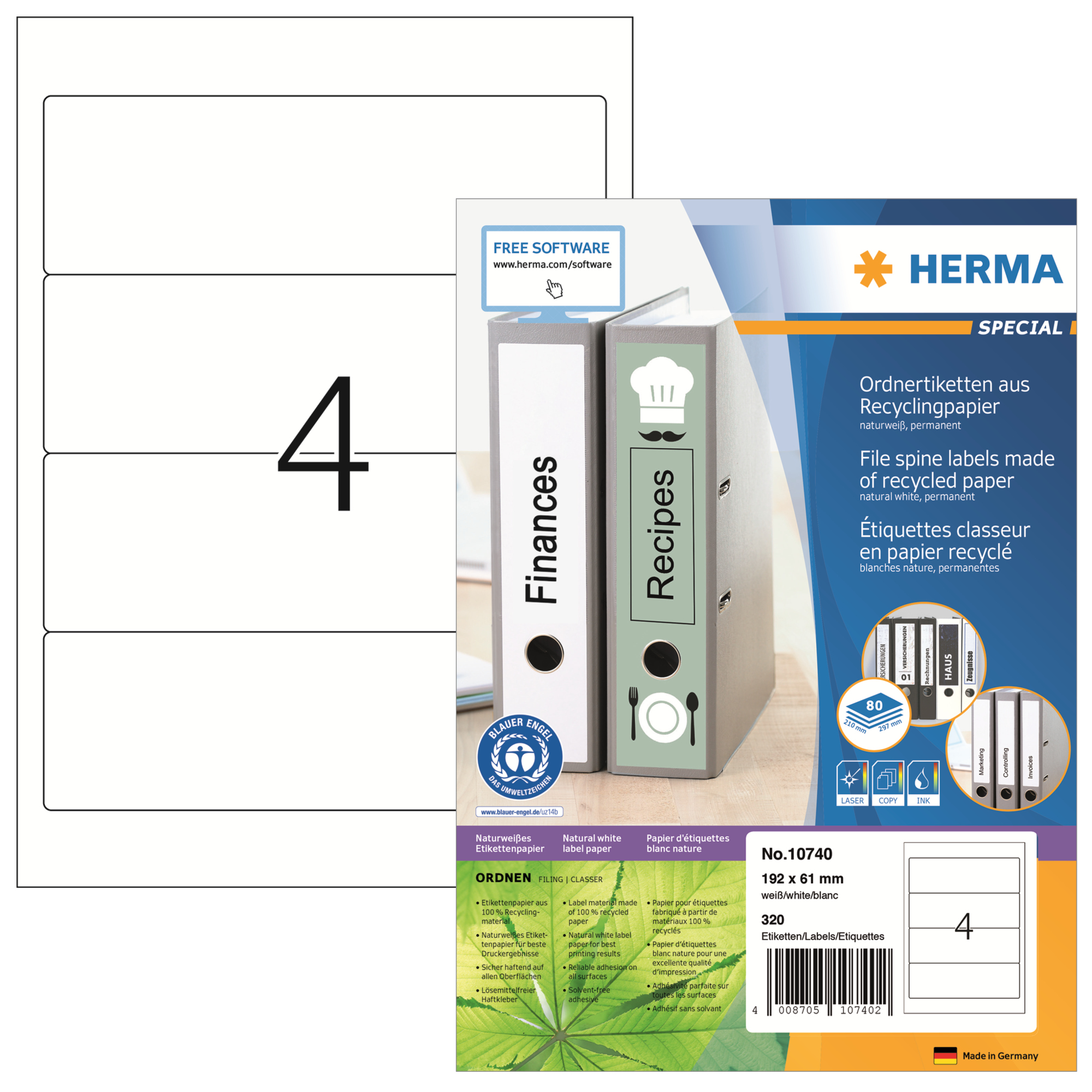 HERMA Ordnerrückenetikett Recycling breit/kurz 61 x 192 mm (B x H) selbstklebend ohne Griffloch naturweiß 320 Etik./Pack.