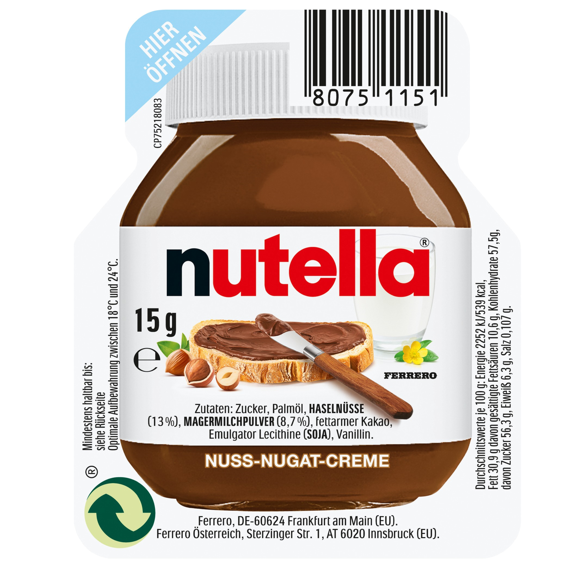Nutella Brotaufstrich Nuss-Nugat-Creme Portionsdose 120 x 15 g/Pack.