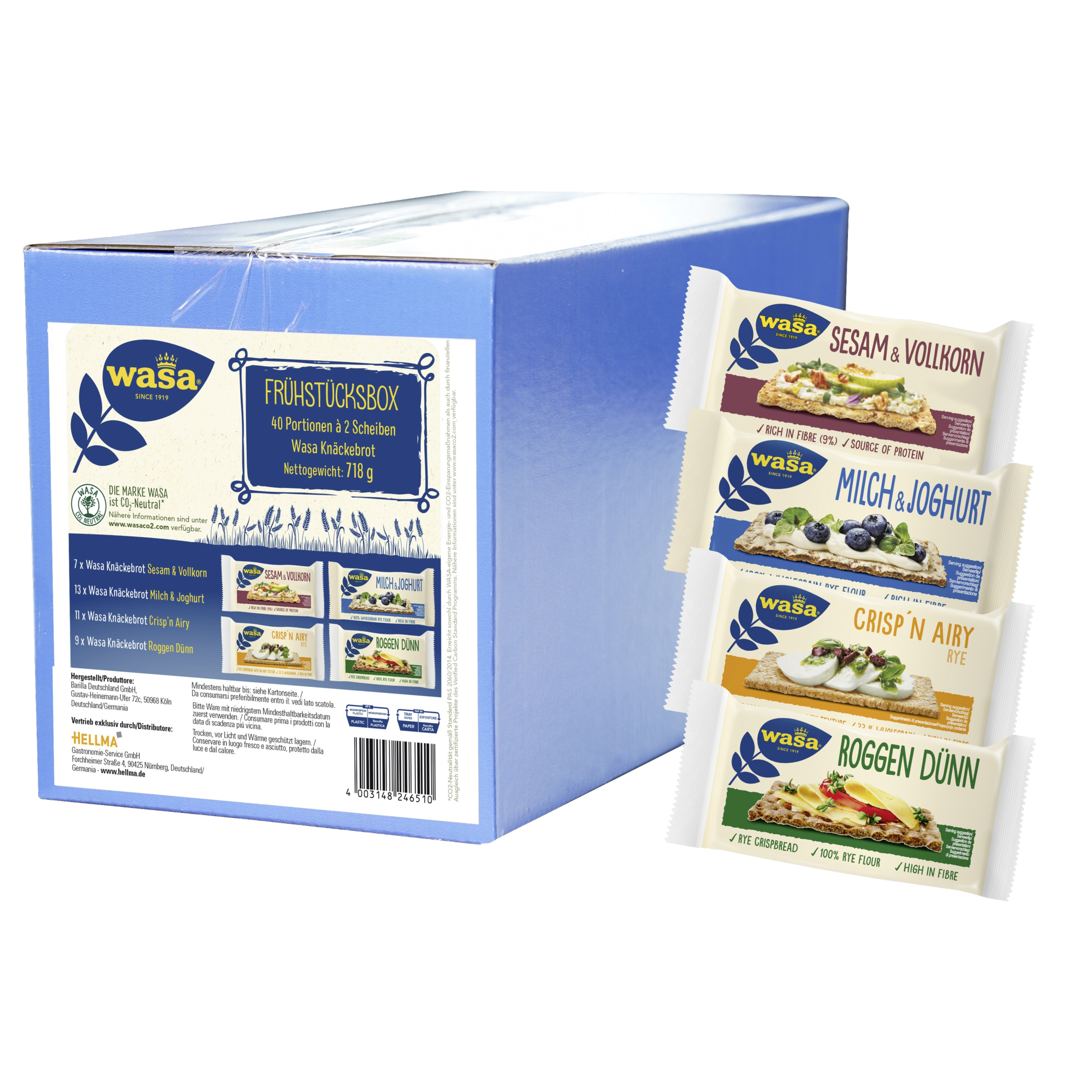 Wasa Brot Frühstücksbox Milch & Joghurt, Roggen dünn, Sesam & Vollkorn, Crisp'n Airy 40 x 2 St./Pack.