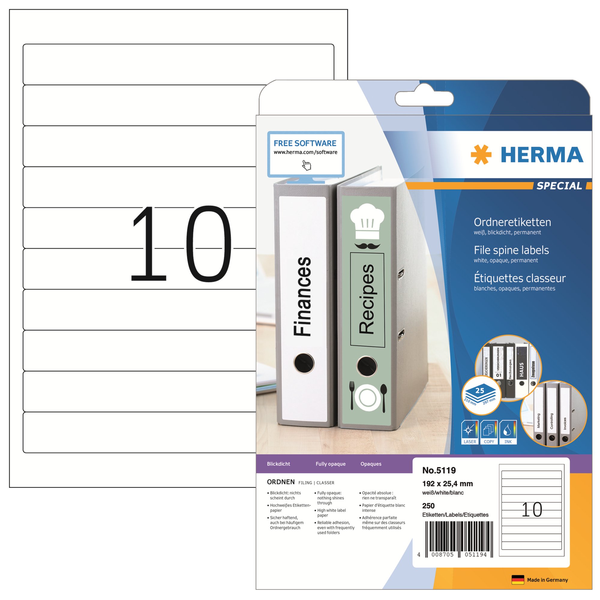 HERMA Ordnerrückenetikett schmal/kurz 25,4 x 192 mm (B x H) selbstklebend ohne Griffloch weiß 250 Etik./Pack.