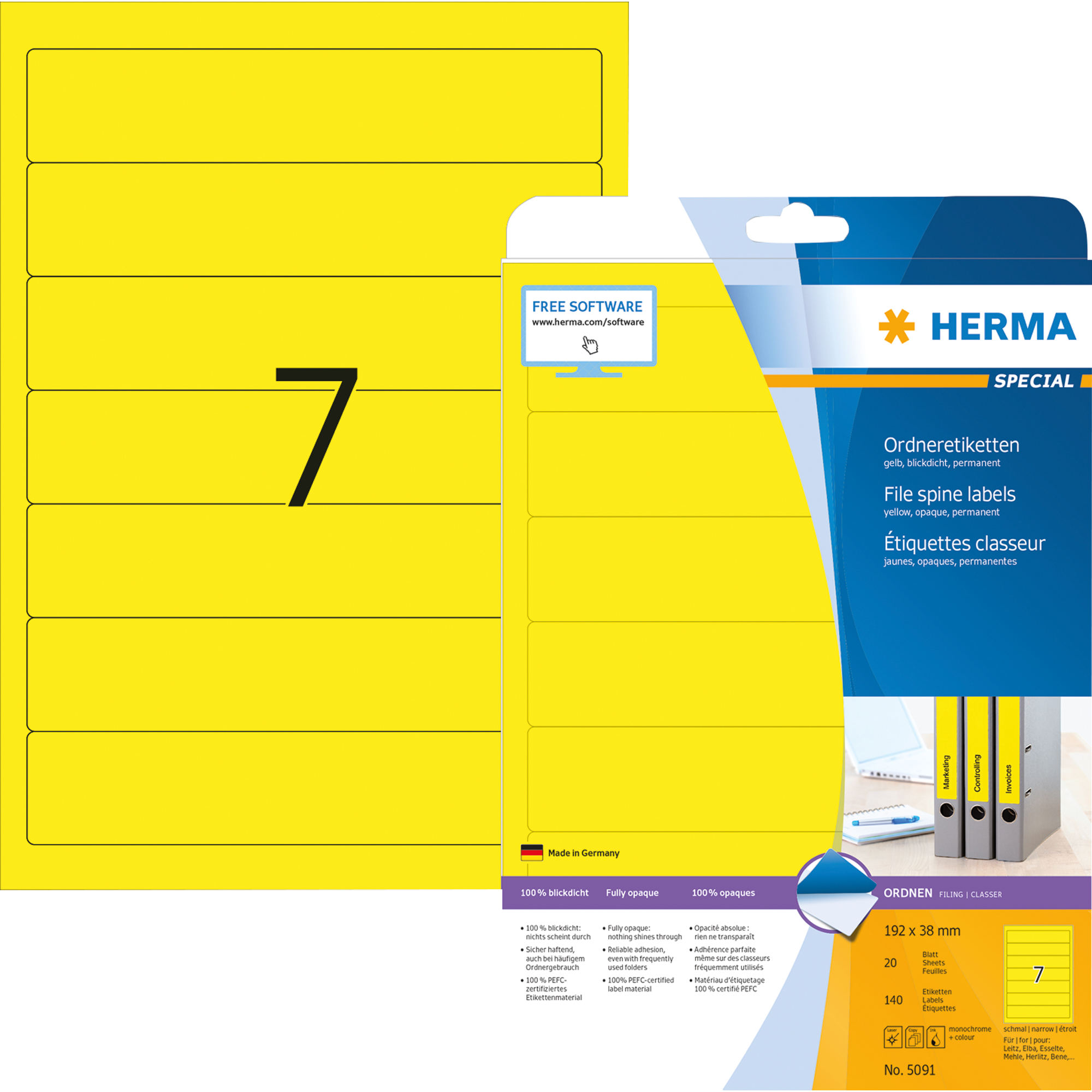 HERMA Ordnerrückenetikett schmal/kurz 38 x 192 mm (B x H) selbstklebend ohne Griffloch gelb 140 Etik./Pack.
