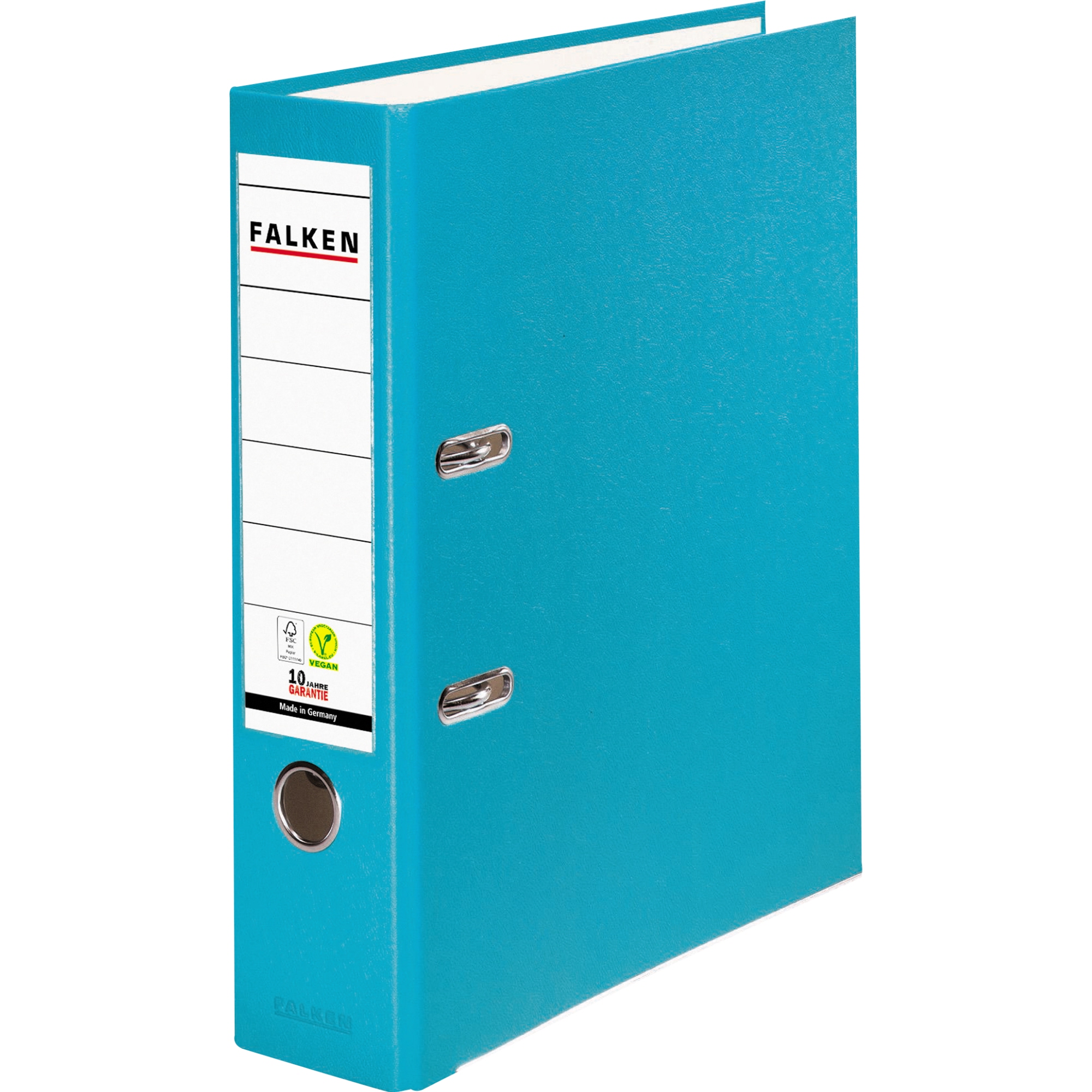 Falken Ordner Color Vegan 80mm DIN A4 Rückenschild: einsteckbar mit Schlitzen Werkstoff: Pappe Material außen: Polypropylen Material innen: Papier türkis