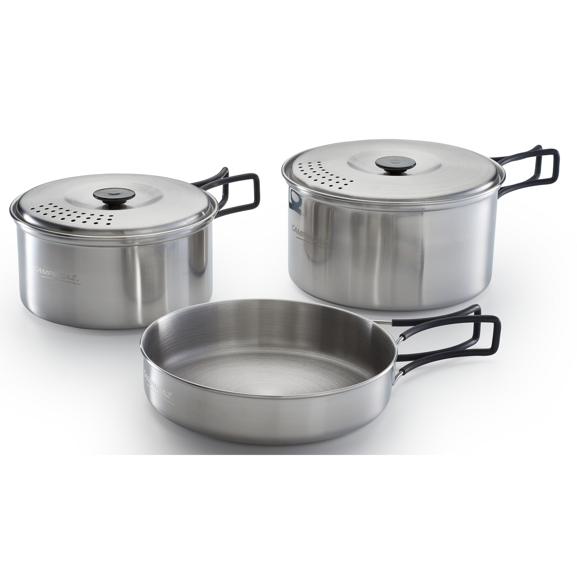 CAMPINGAZ Topfset Topf mit Deckel 18 x 9 cm (Ø x H), Topf mit Deckel 16 x 8 cm (Ø x H), Pfanne 17,5 x 4 cm (Ø x H) Edelstahl silber