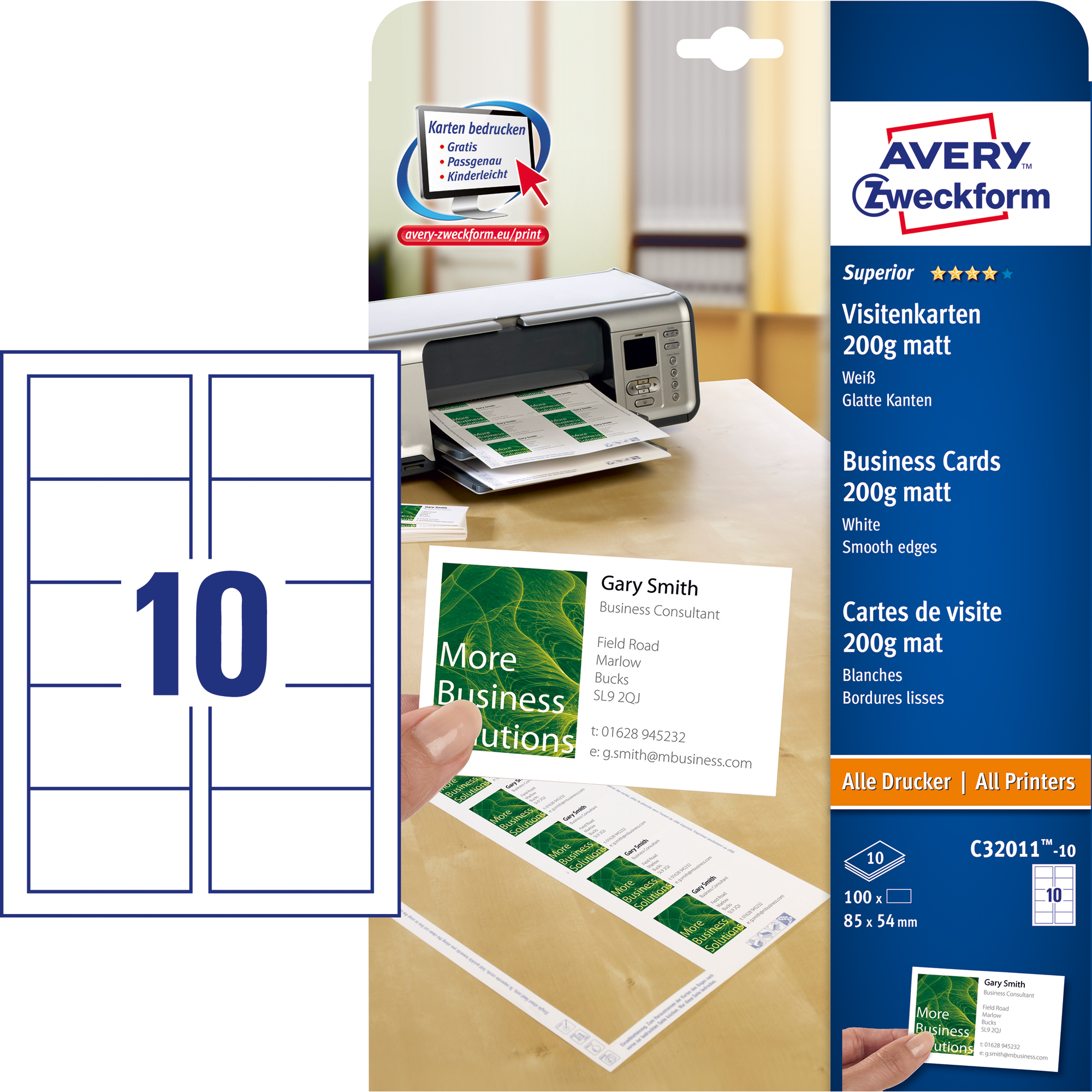 Avery Zweckform Visitenkarte Superior DIN A4 200g/m² weiß 10 Bl./Pack. 100 St./Pack.
