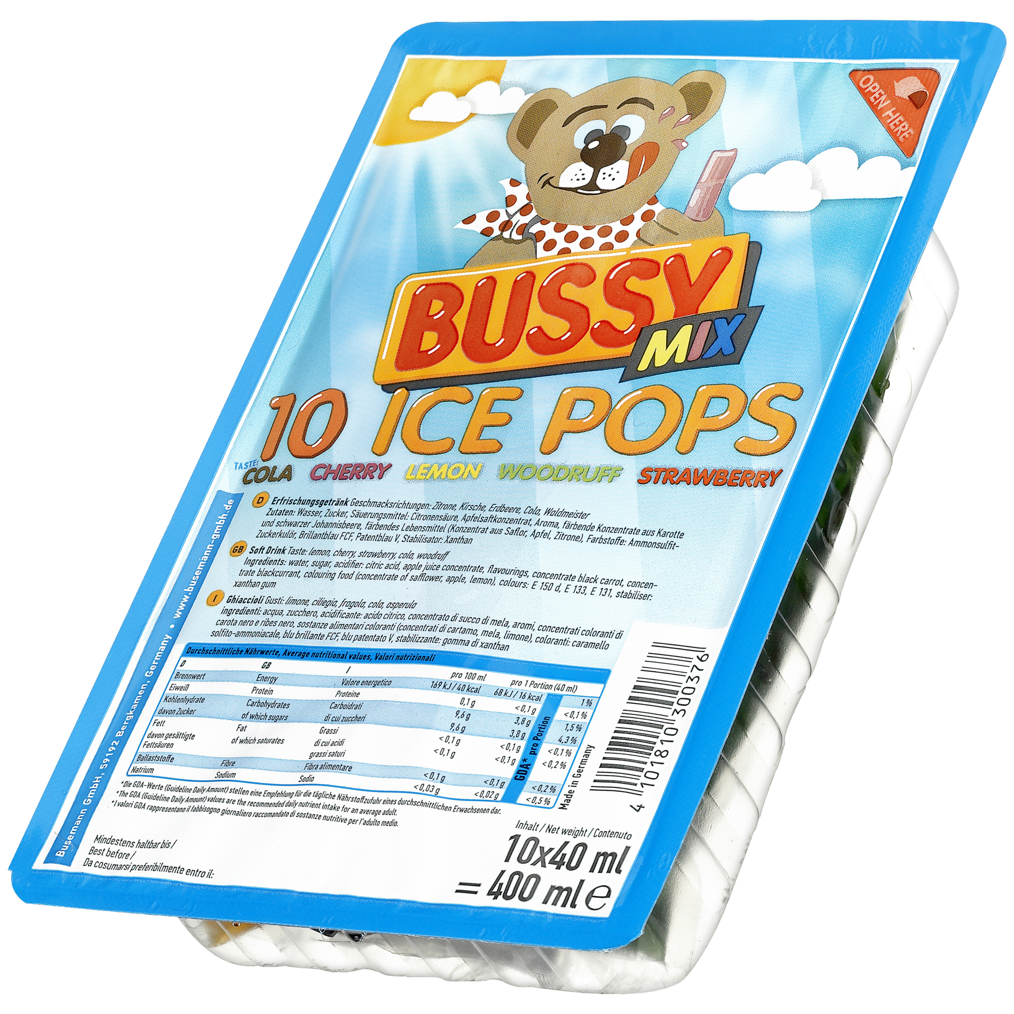 BUSSY Wassereis Mix Kirsche, Pfirsich, Cola, Zitrone, Waldmeister 10 x 40 ml/Pack.