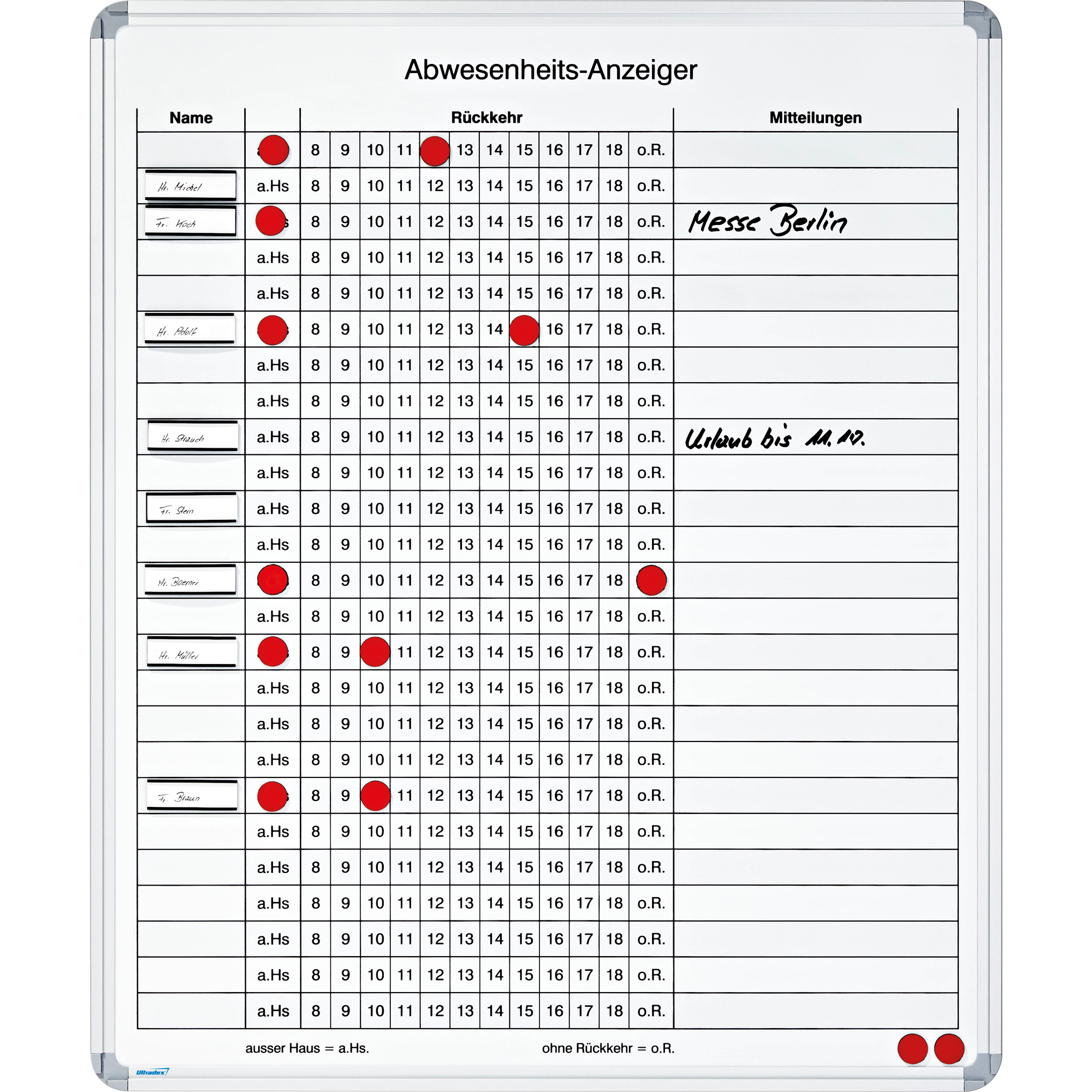 Ultradex An- und Abwesenheitstafel 61 x 73 cm (B x H) 25 Mitarbeiter/Projekte Aluminium weiß/schwarz