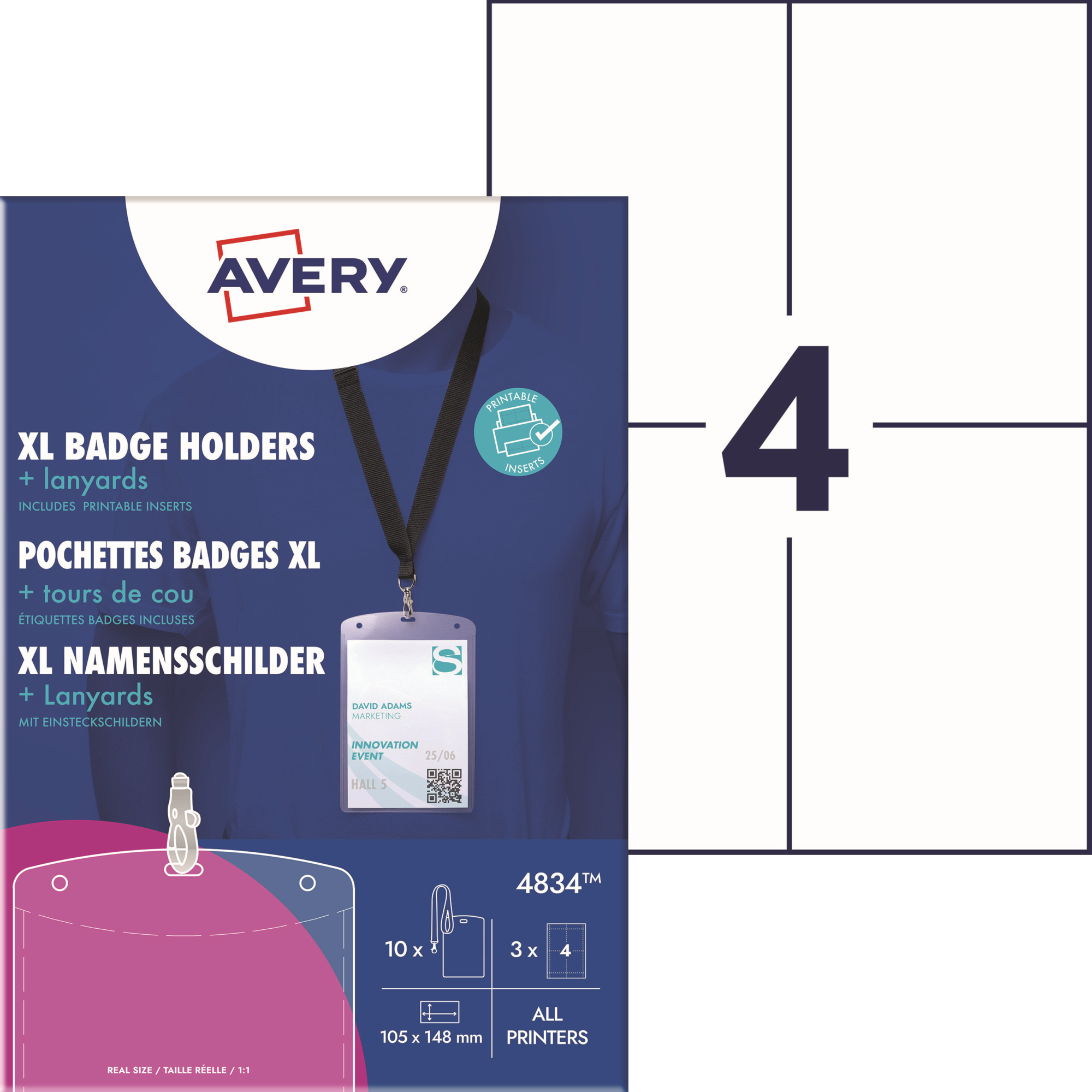 Avery Zweckform Namensschild XL 105 x 148 mm (B x H) inkl. 12 bedruckbare Einsteckschilder weiß Textilband transparent 10 St./Pack.
