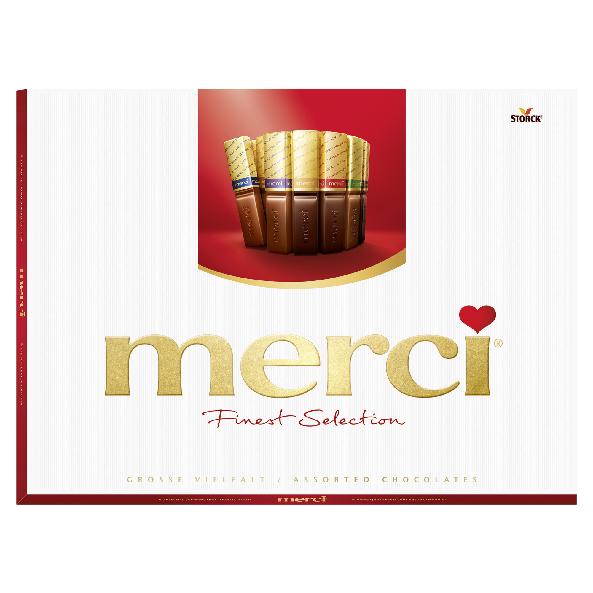 Merci Pralinen Finest Selection Große Vielfalt Edel-Rahm, Kaffee-Sahne, Mandel-Milch-Nuss, Edel-Nougat, Edel-Marzipan, Herbe Sahne, Dunkle Mousse, Milch-Praliné 675 g/Pack.