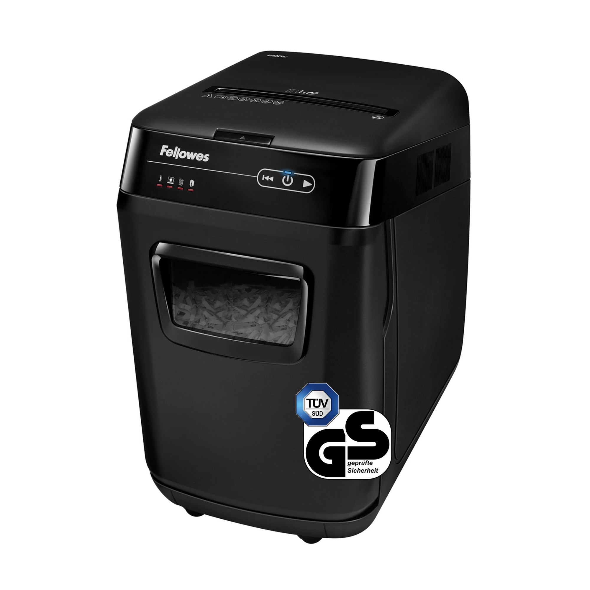 Fellowes® Aktenvernichter AutoMax™ 200C P-4 Papier, Heftklammern, Büroklammern, Kreditkarten, CDs/DVDs Partikelschnitt 10 Bl. manuell, 200 Bl. automatisch schwarz