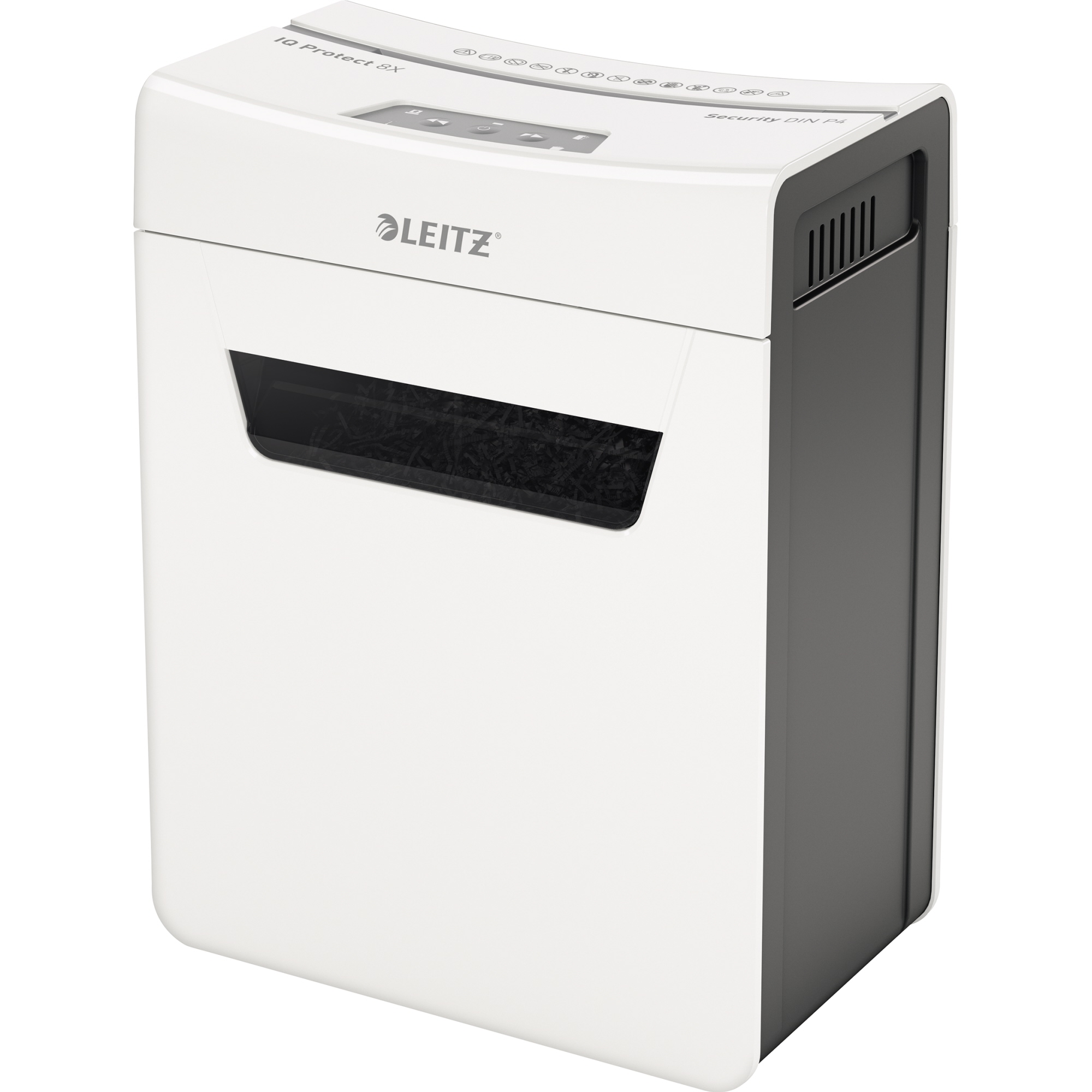 Leitz Aktenvernichter IQ 8X Protect Premium P-4 Papier, Heftklammern, Büroklammern Partikelschnitt weiß