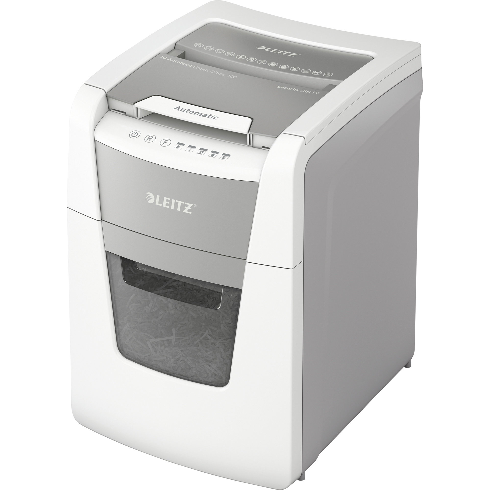 Leitz Aktenvernichter IQ Autofeed SmallOffice 100 P-4 Papier, Heftklammern, Büroklammern, Kreditkarten Partikelschnitt weiß