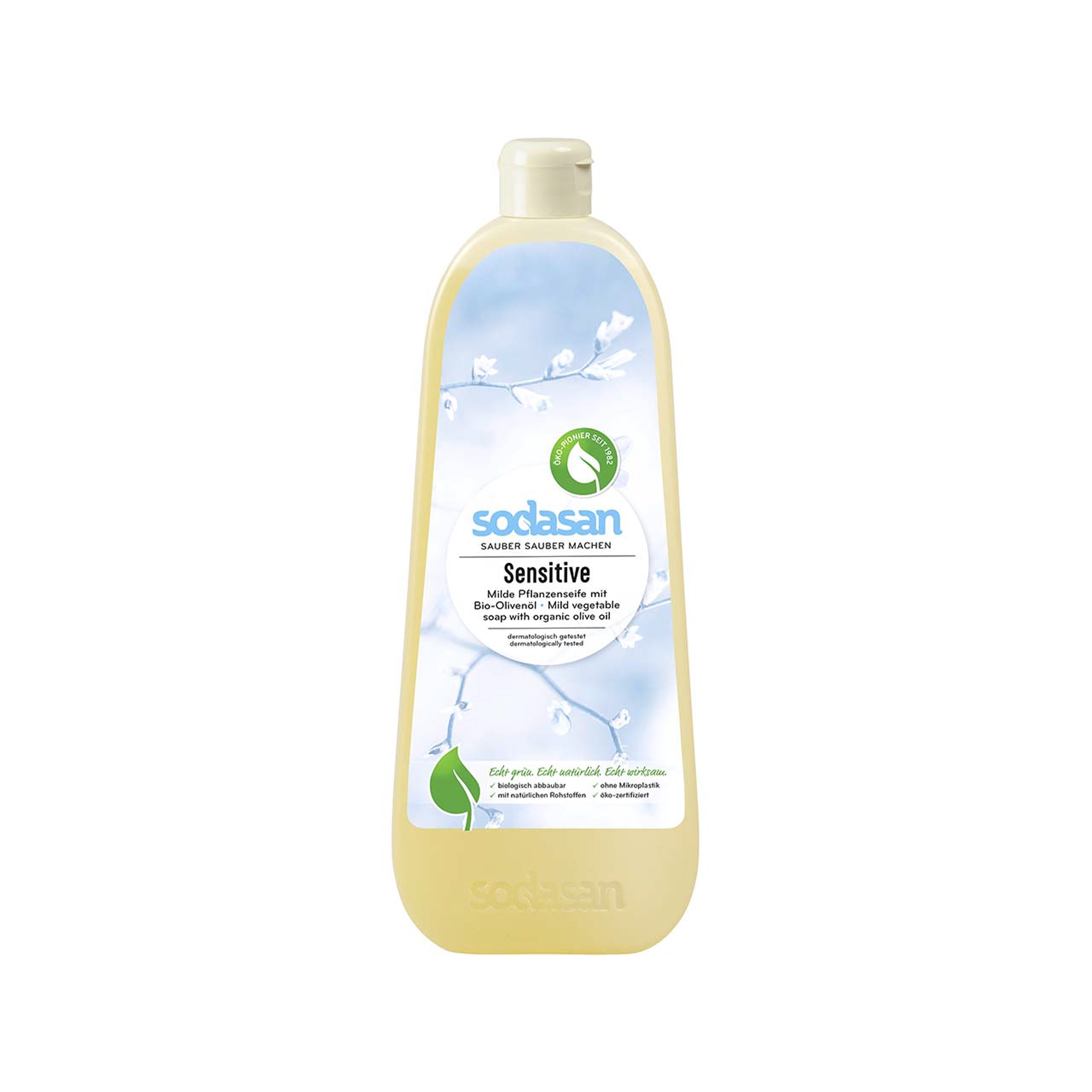 sodasan Flüssigseife Sensitive neutral dermatologisch getestet pH-Wert: 9,14-10,2 Ausführung des Behälters: Flasche Material des Behälters: Polypropylen 1l