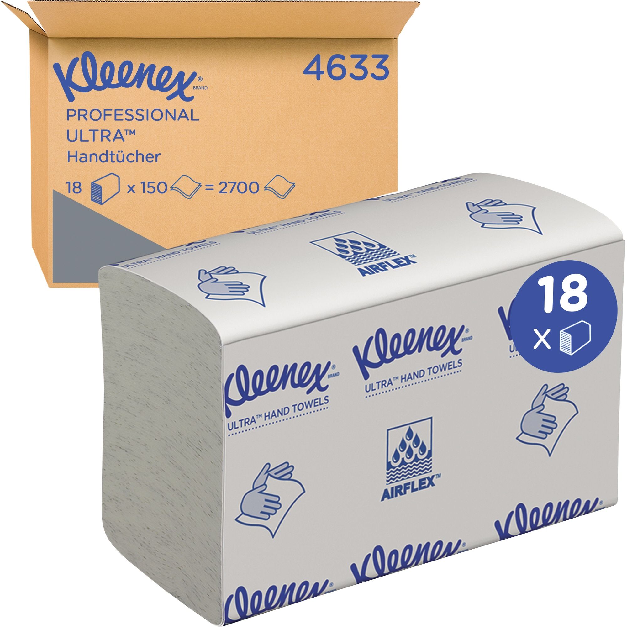 Kleenex® Papierhandtücher ULTRA™ 24,1 x 19,1 cm (B x L) Airflex™ weiß 18 x 150 Bl./Pack.