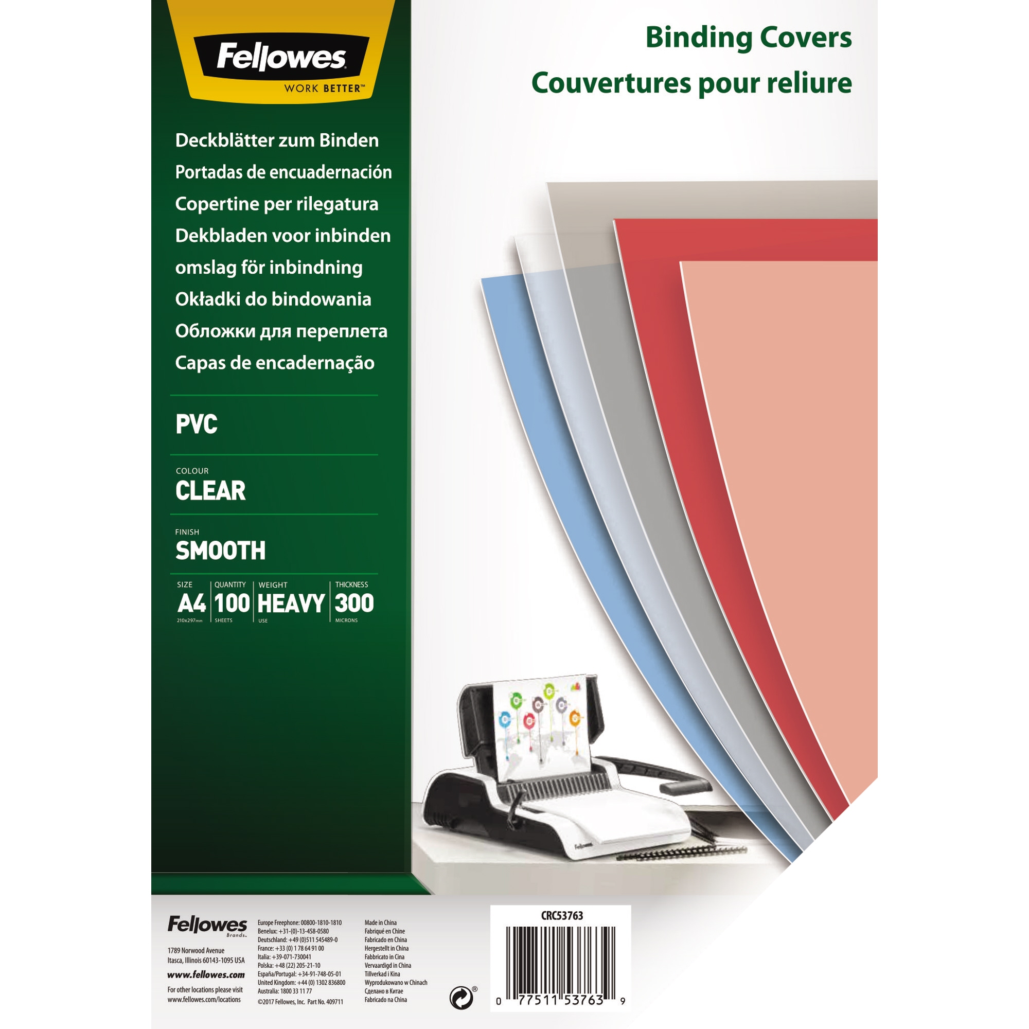 Fellowes® Deckblattfolie DIN A4 300µm PVC transparent 100 St./Pack.