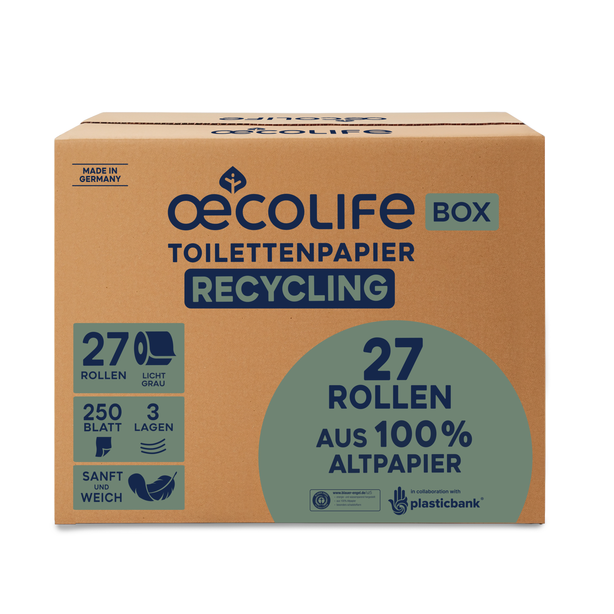 oecolife Toilettenpapier 3-lagig grau 250 Bl./Rl. 27 Rl./Pack.