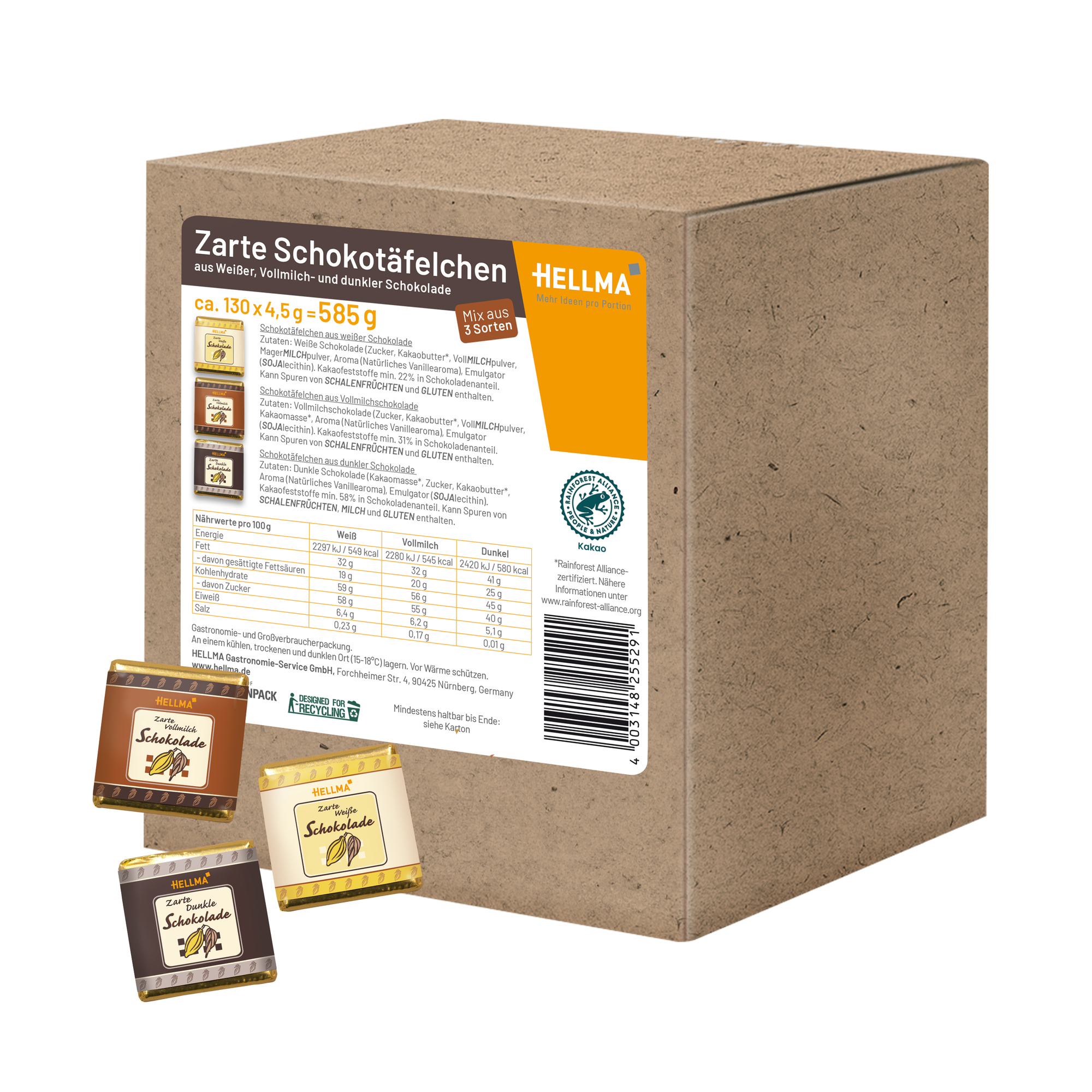Hellma Schokolade Belgische Täfelchen Zartbitter, Vollmilch, weiße Schokolade 130 x 4,5 g/Pack.