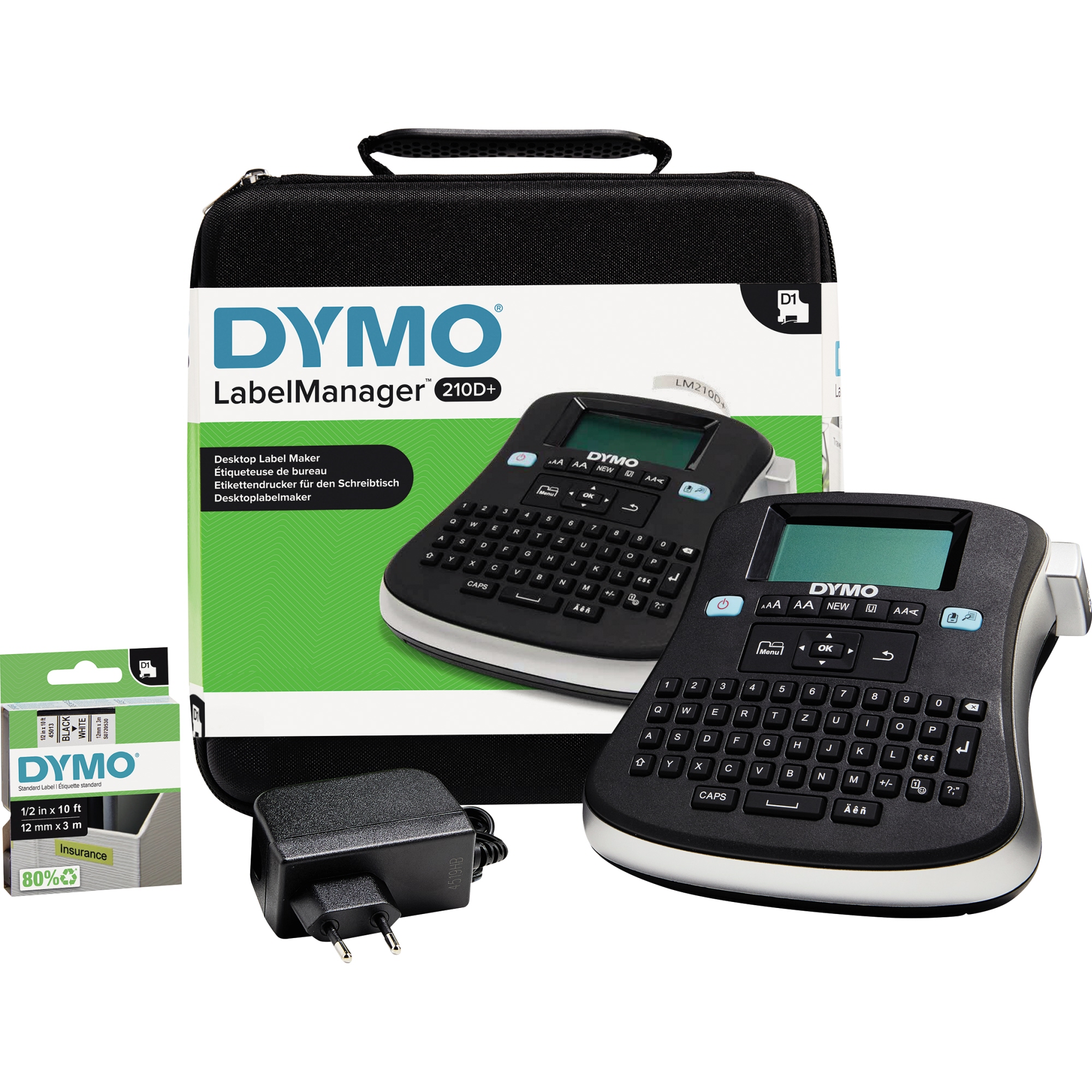 DYMO® Beschriftungsgerät LabelManager™ 210D+ 1 Display-Zeile 8 Schriftgrößen 2 Druckzeilen inkl. Netzteil, D1-Starter-Schriftbandkassette (12 mm x 3 m, schwarz auf weiß), Kurzanleitung
