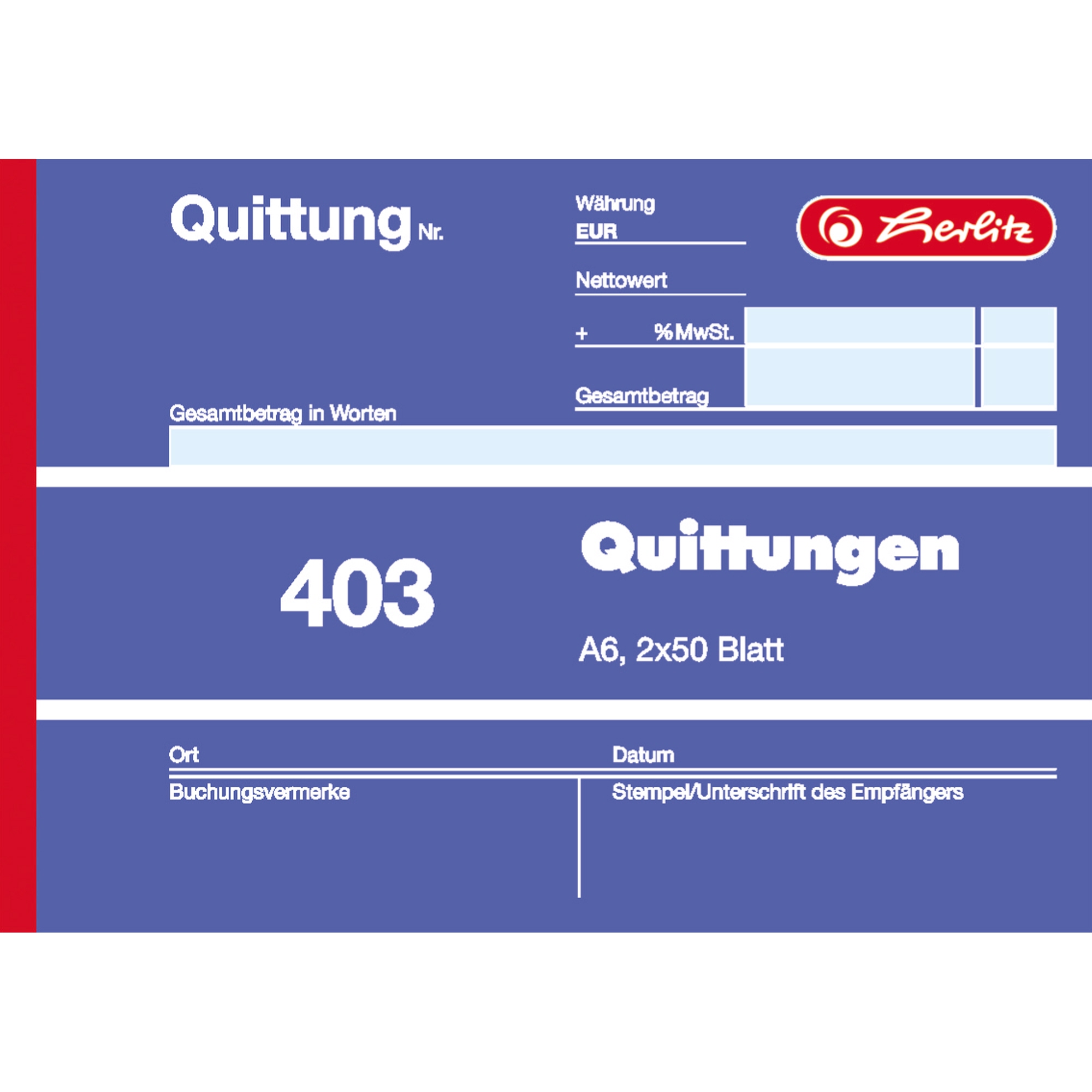 Herlitz Quittungsblock DIN A6 quer nicht selbstdurchschreibend 1 Durchschlag 2 x 50 Bl.