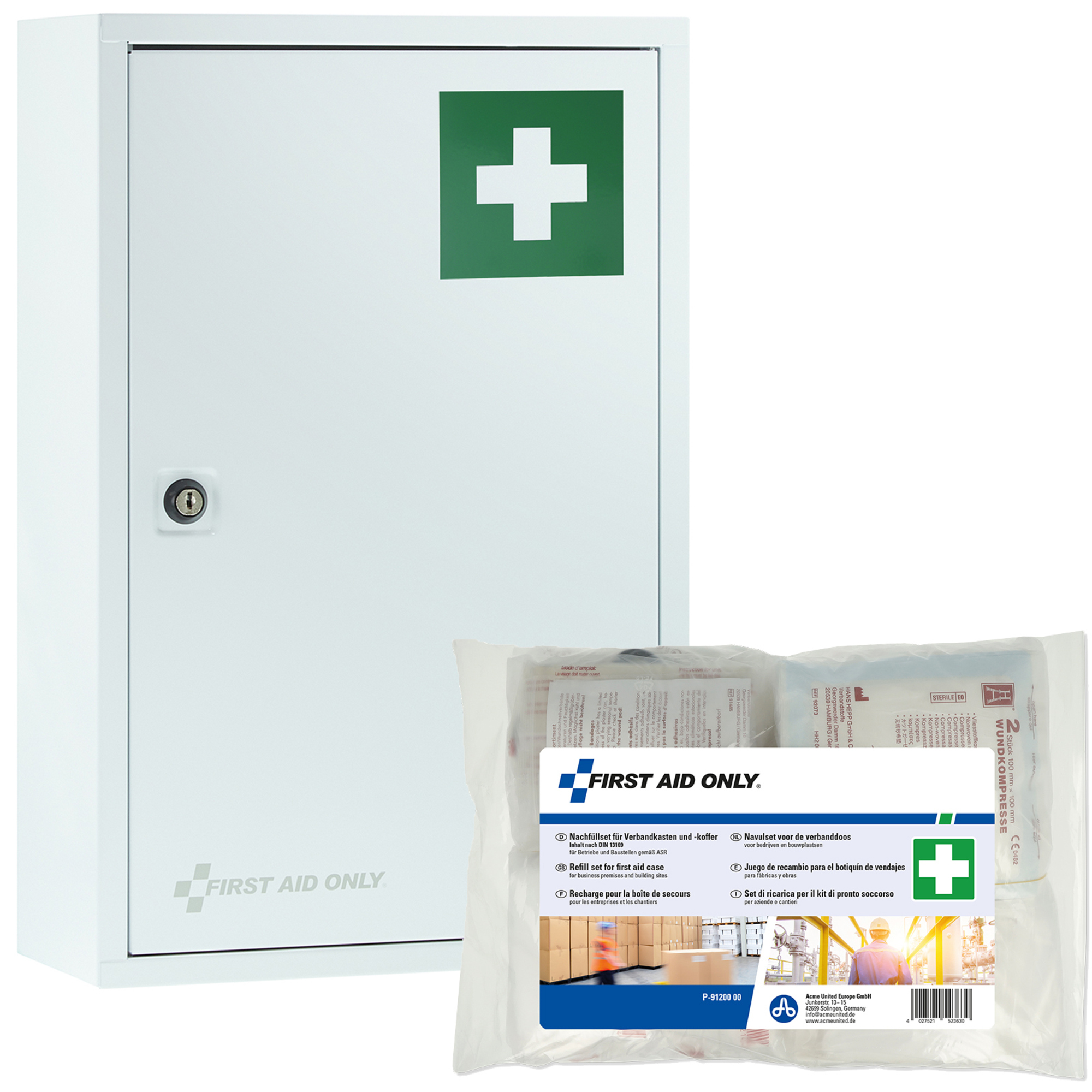 FIRST AID ONLY Verbandschrank gefüllt DIN 13169 Metall, lackiert weiß