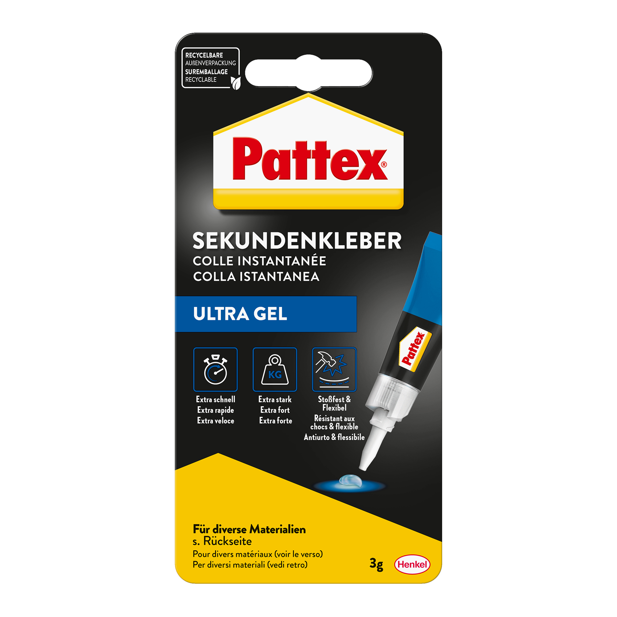 Pattex Sekundenkleber Ultra Gel Gummi, Leder, Keramik, Holz, Pappe Punktdüse 3g