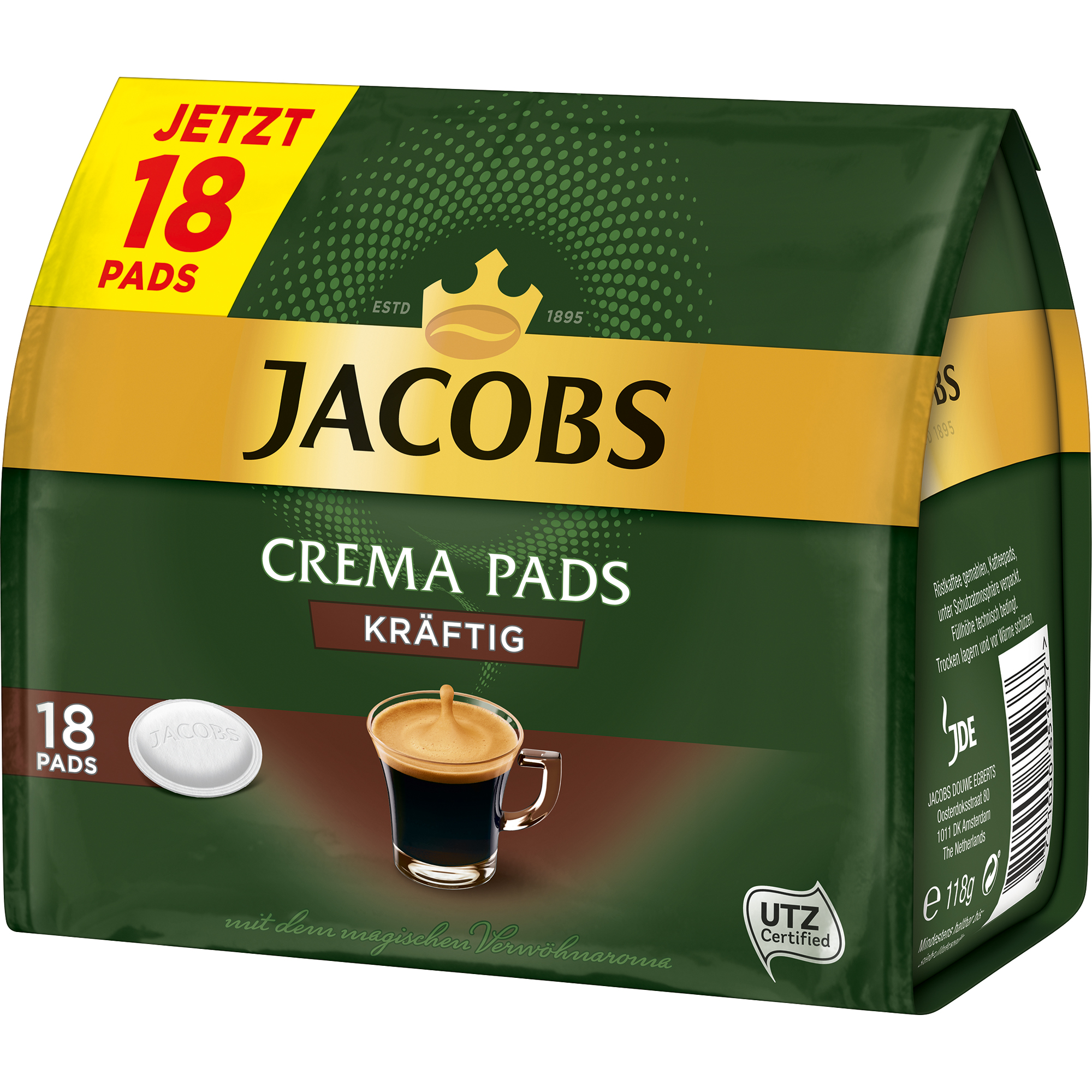JACOBS Kaffeepads Crema Kräftig 18 x 6,5 g/Pack.
