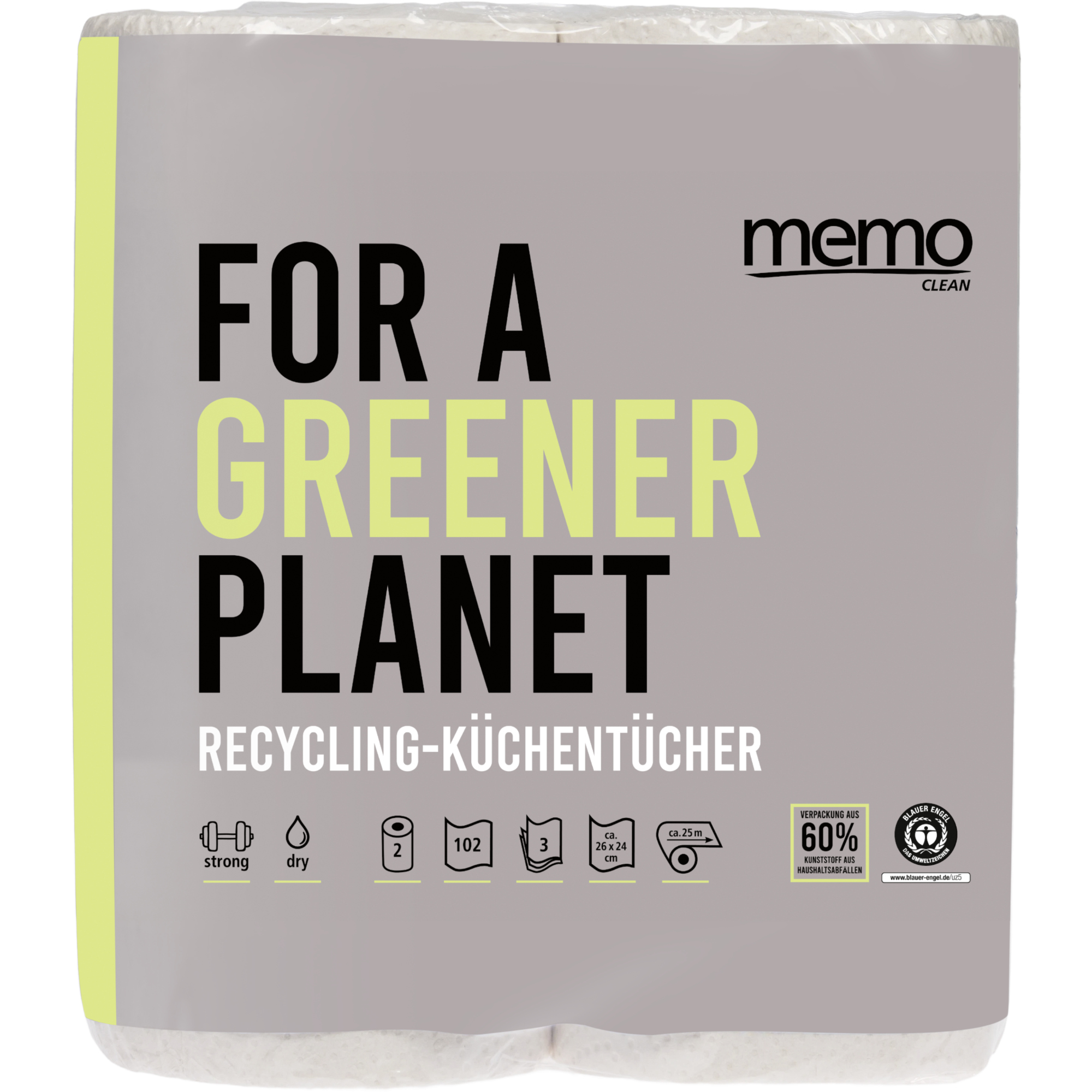 memo Küchenrolle Recycling Strong & Dry 3-lagig Papier, 100 % recycelt weiß 2 Rl./Pack.